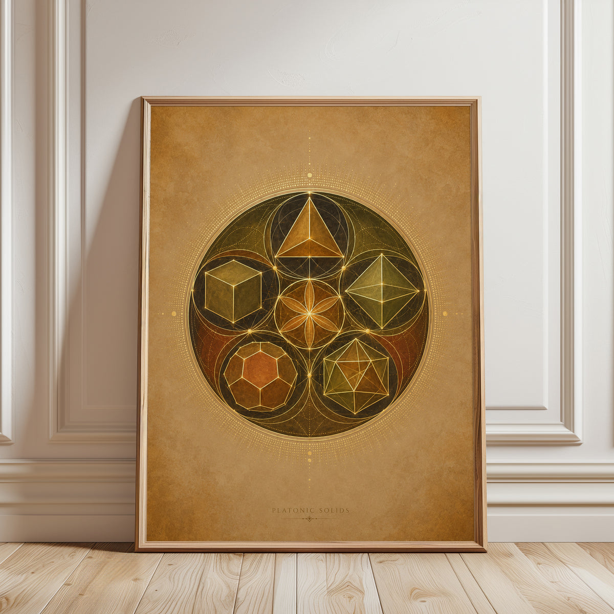 Platonic Solids Art Print: Golden Sacred Geometry Wall Decor - framed detail