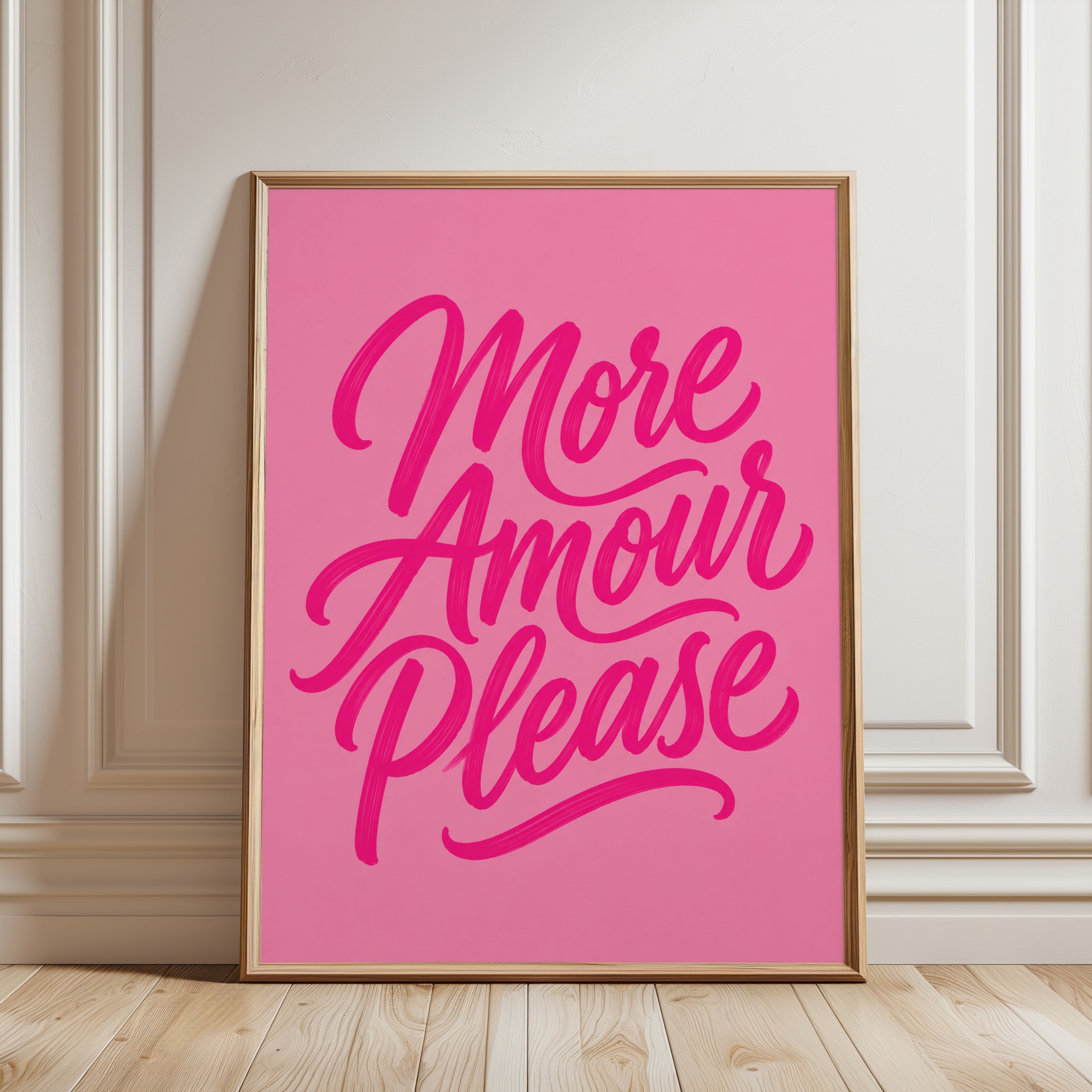 More Amour Please Typography Print: Pink Romantic Lettering Art - framed detail