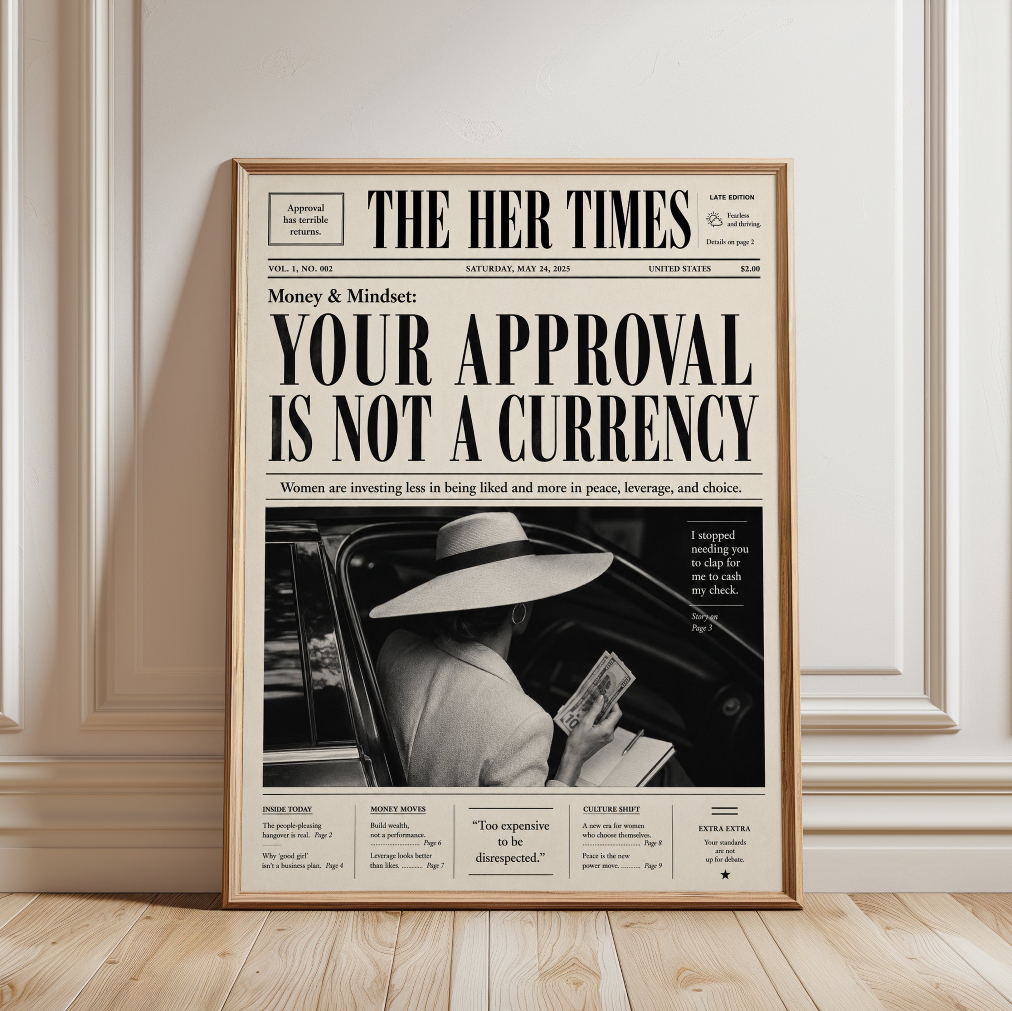 Vintage Newspaper Wall Art: Your Approval Is Not A Currency - framed detail