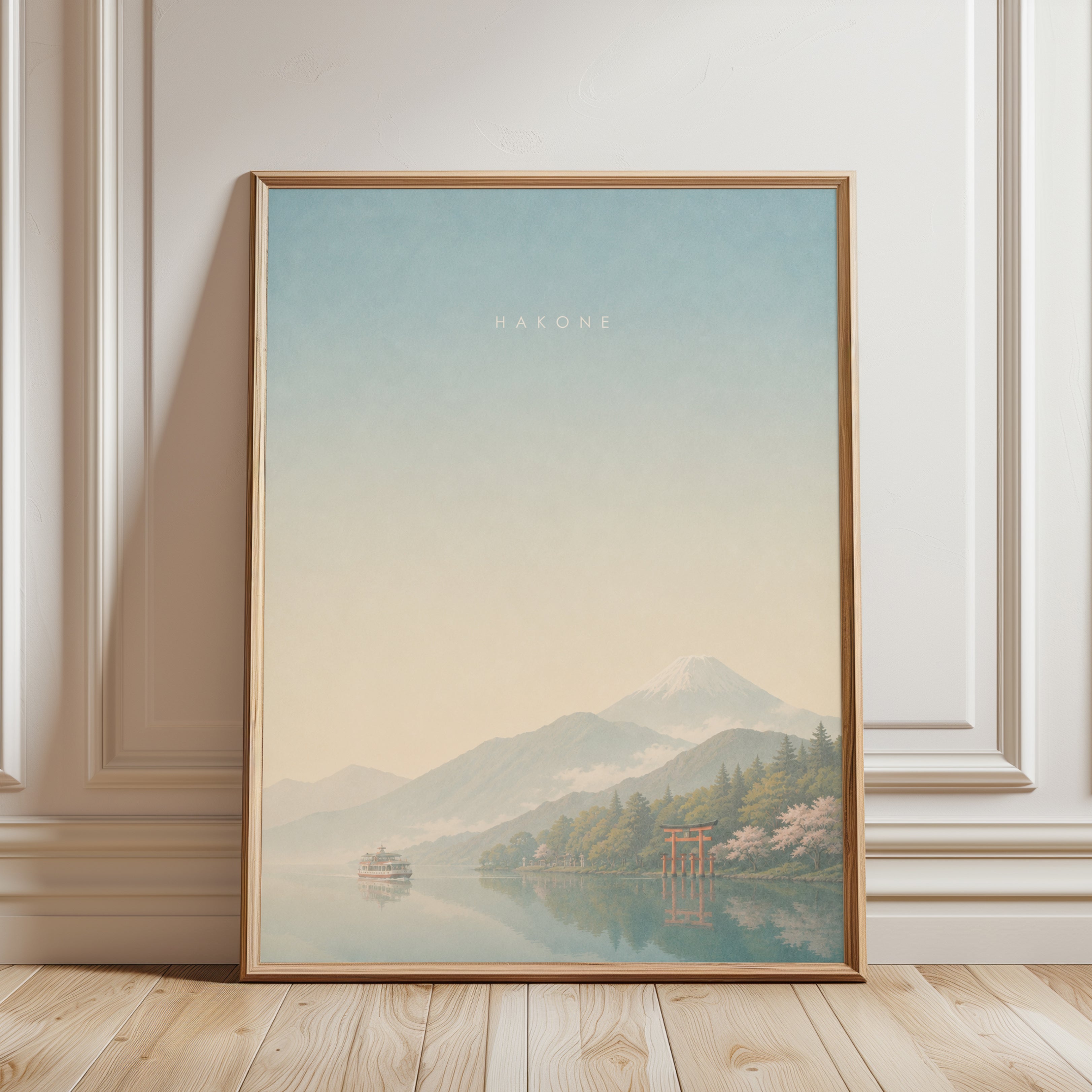 Hakone Lake Landscape Poster: Japanese Mountain and Torii Gate Art - framed detail