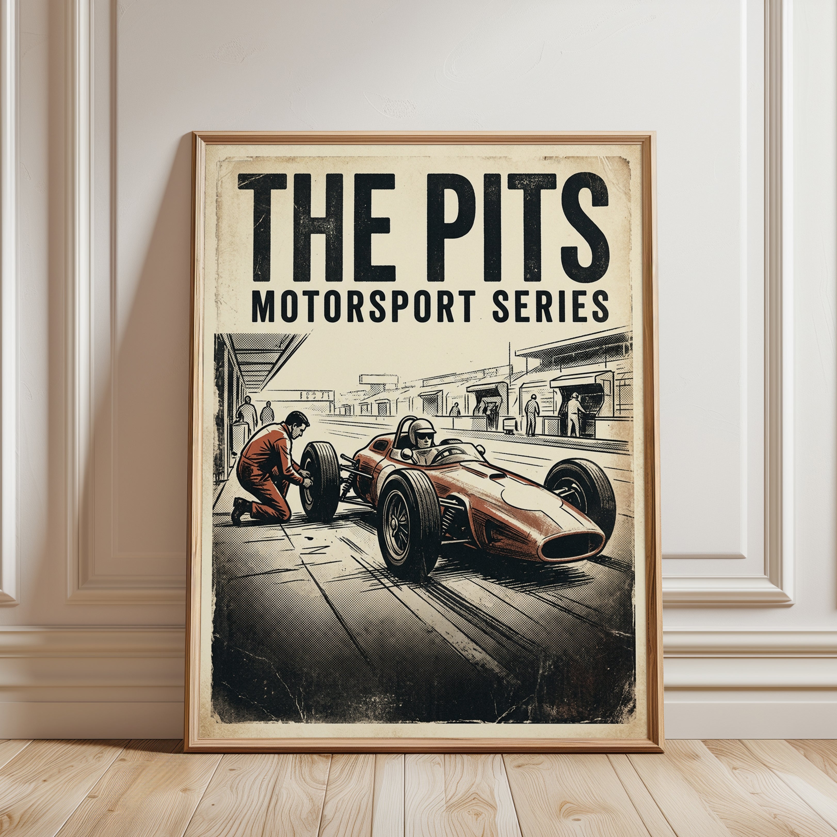 Vintage Racing Poster Print — The Pits Motorsport Series - framed detail