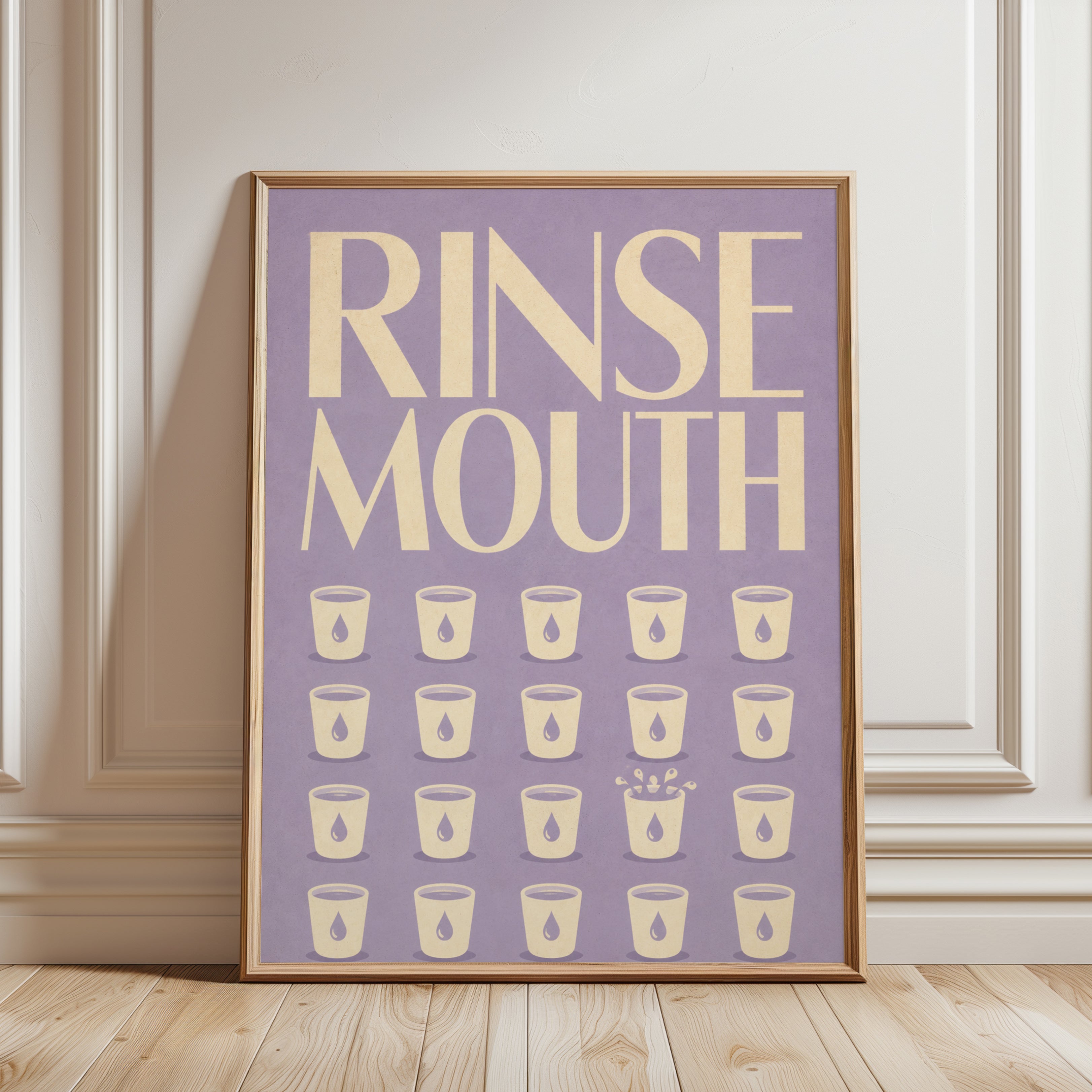 Rinse Mouth Bathroom Art Print: Lavender & Cream Retro Typography - framed detail