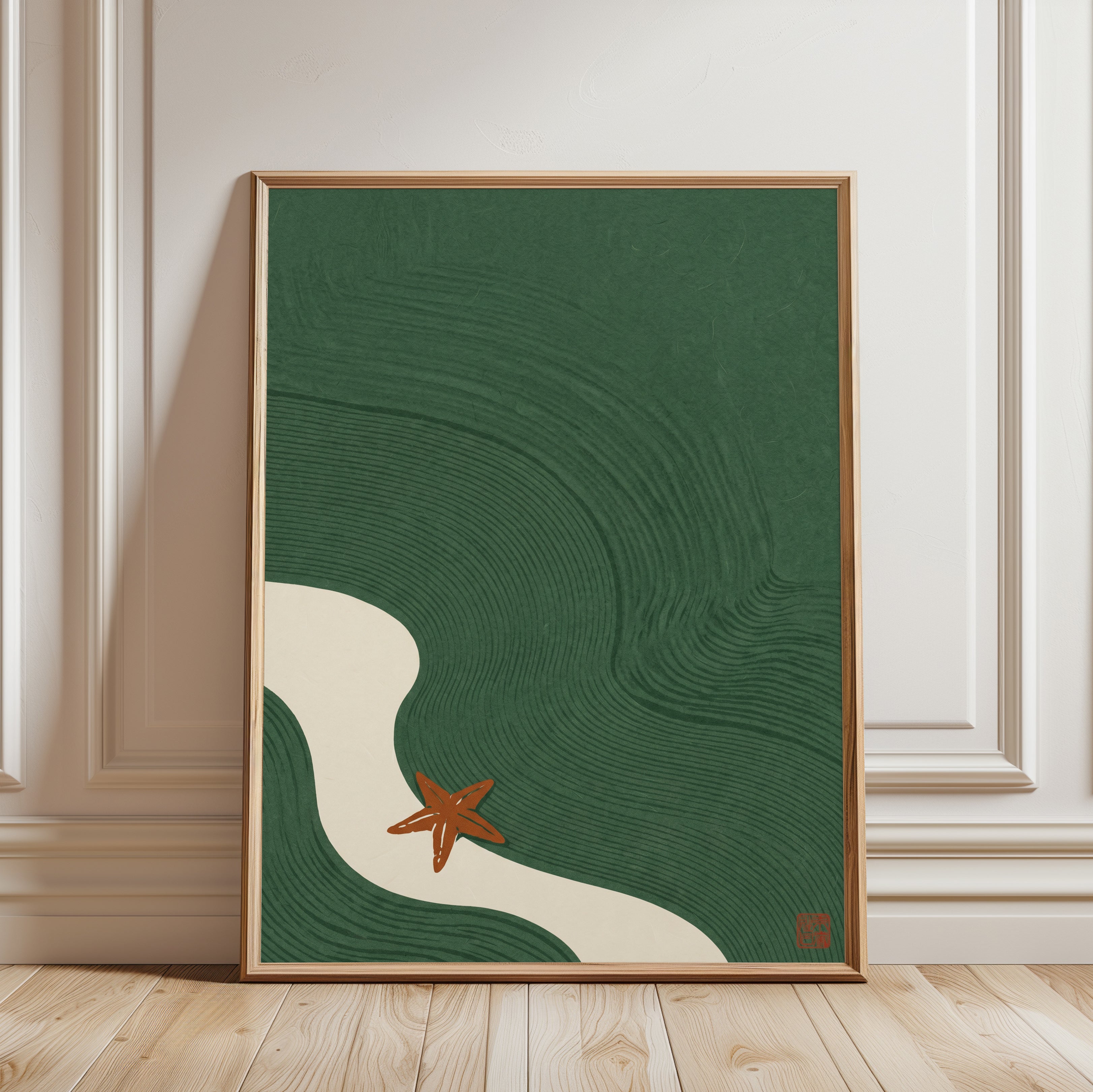 Coastal Ocean Wave Print: Mid-Century Modern Art (Starfish - framed detail