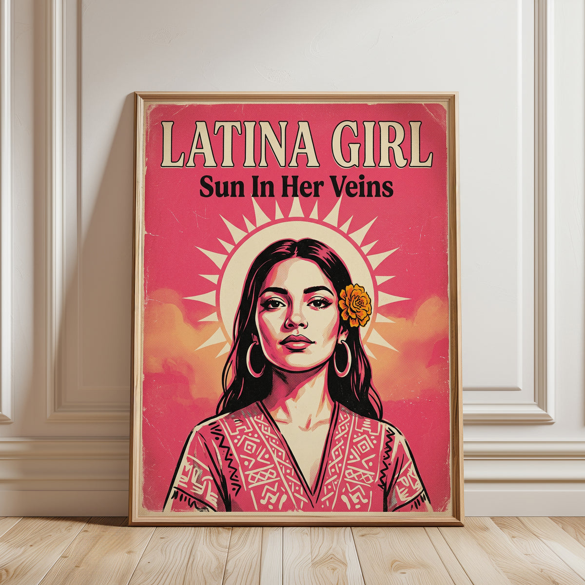 Latina Girl Retro Poster: Pink and Orange Portrait Wall Art - framed detail