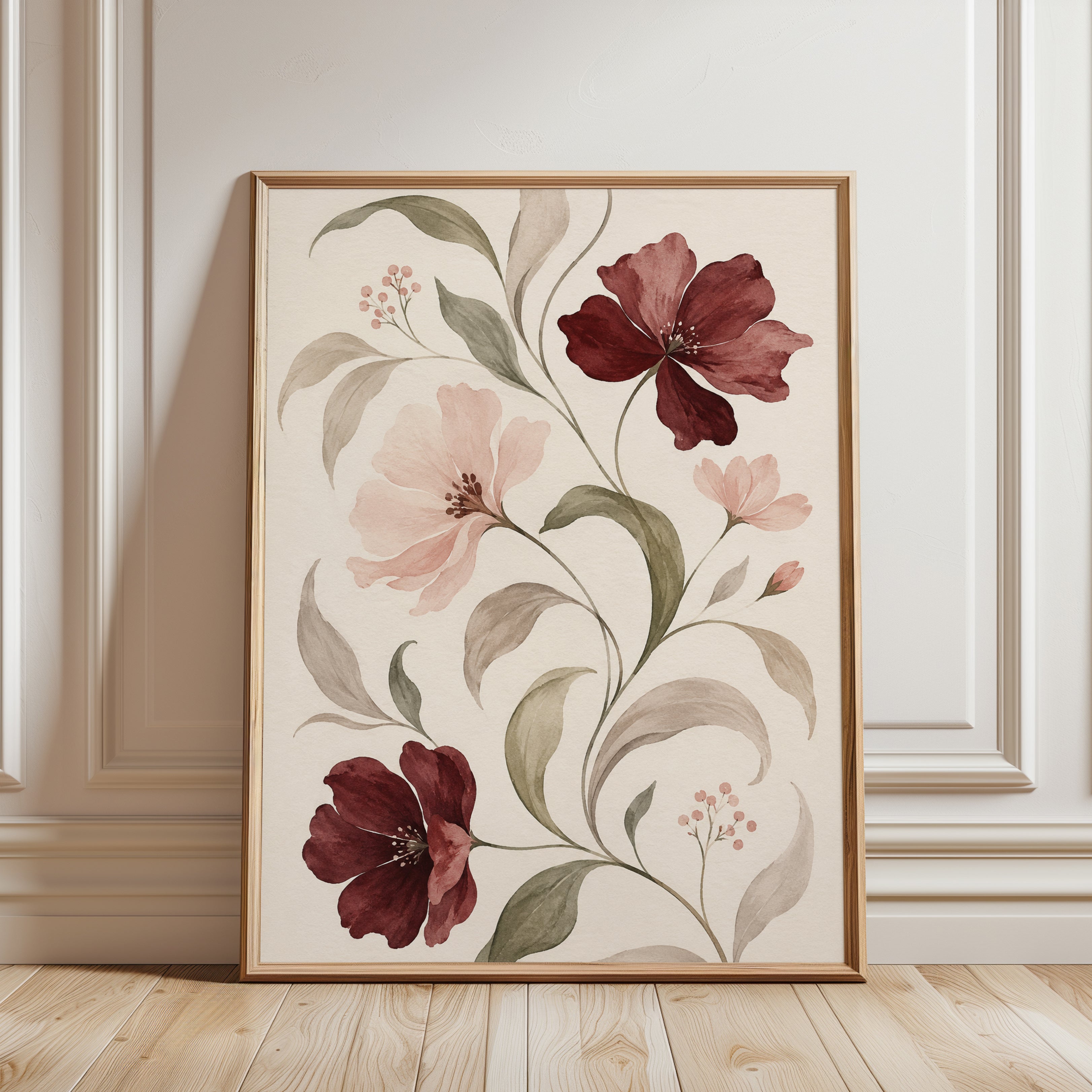 Burgundy and Blush Floral Art Print: Watercolor Botanical Design - framed detail