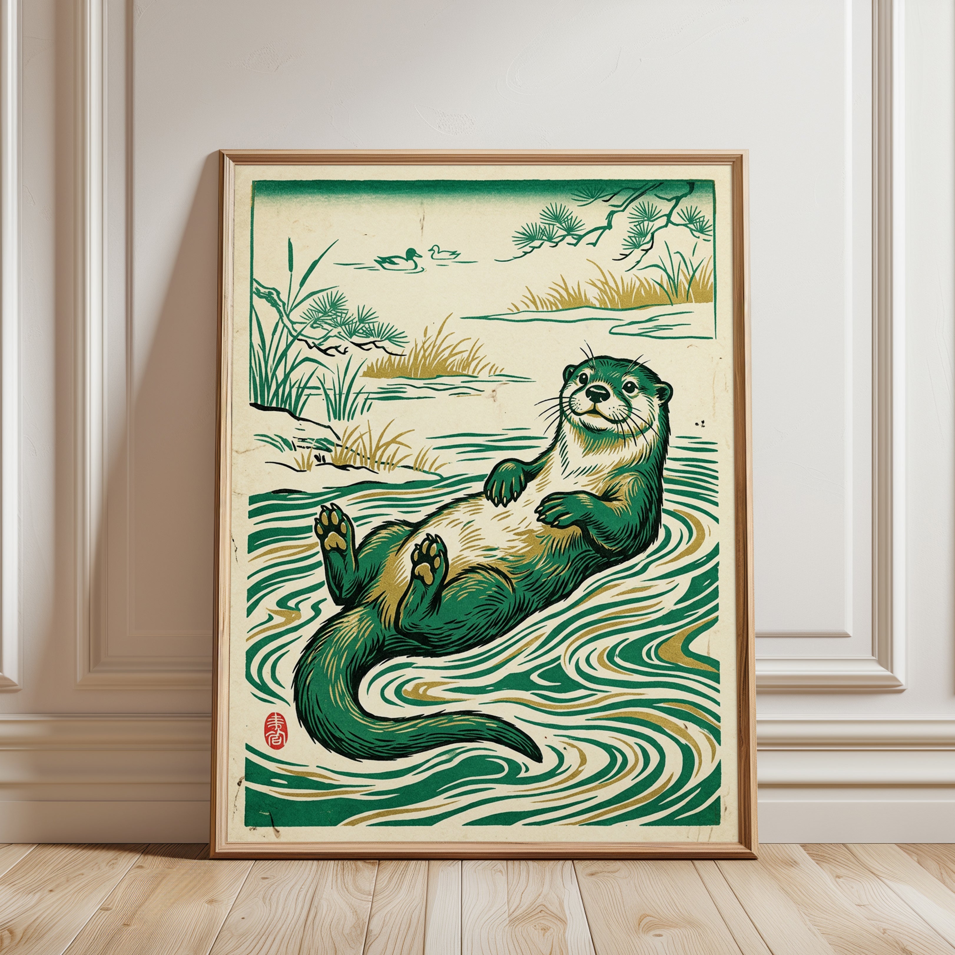 Otter Print — Japanese Woodblock Style - framed detail