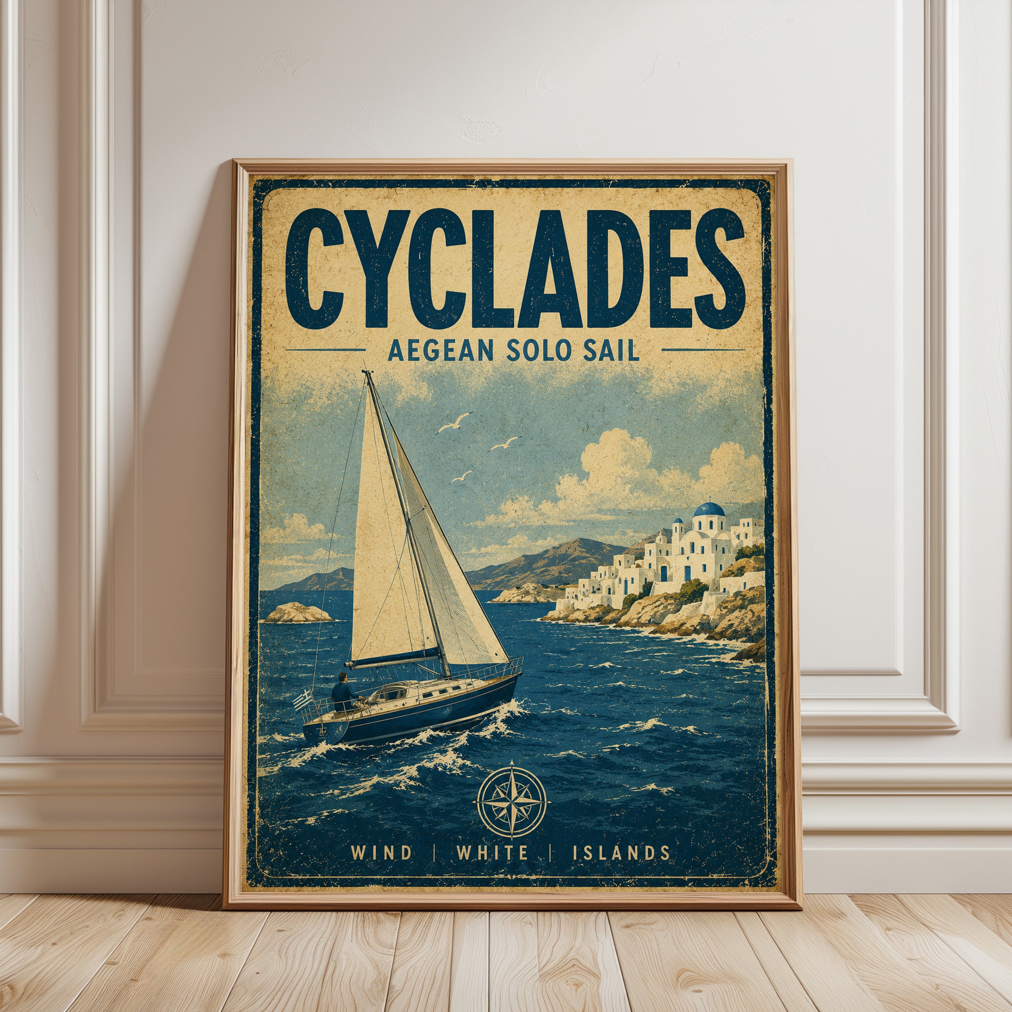 Cyclades Sailing Poster — Vintage Aegean Travel Print - framed detail