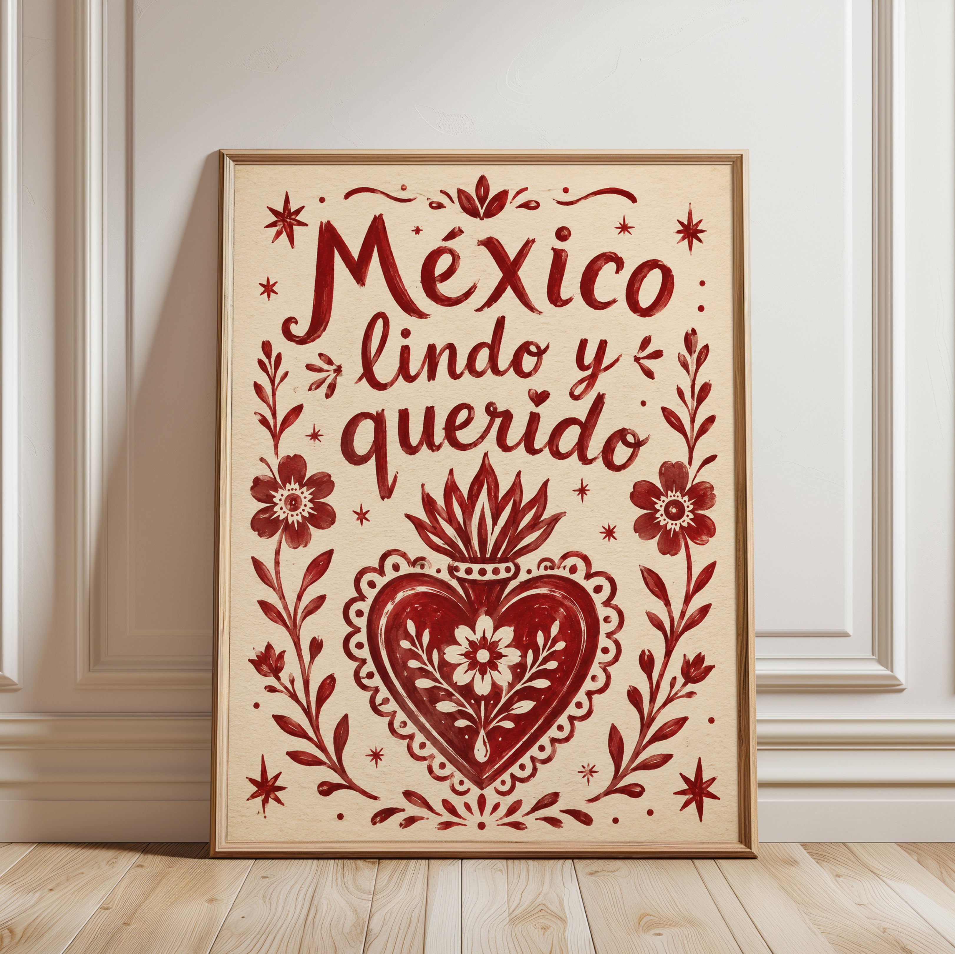 Mexico Lindo y Querido Folk Art Print: Red Cream Typography - framed detail