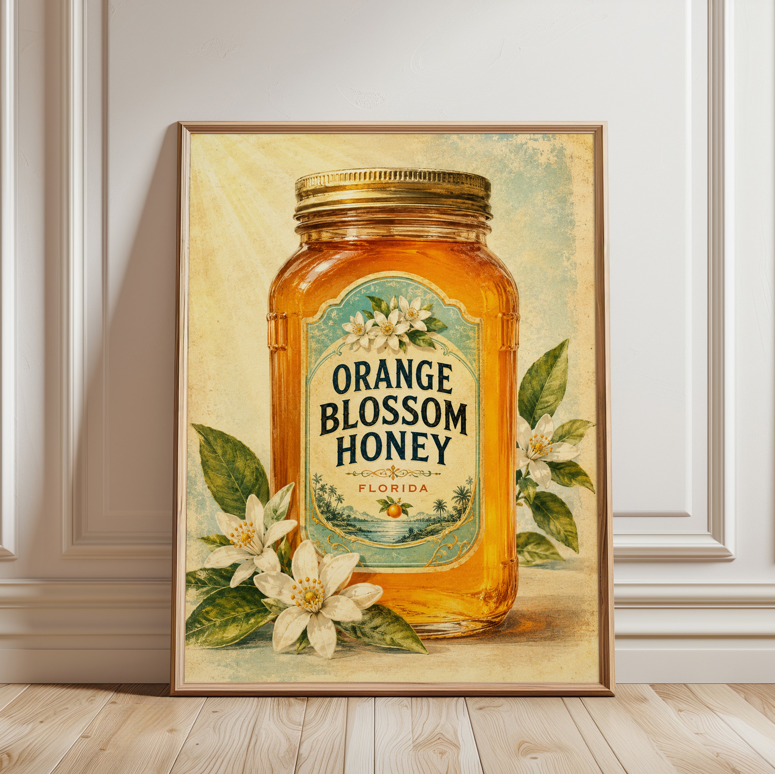 Orange Blossom Honey Jar Print: Vintage Florida Kitchen Art - framed detail