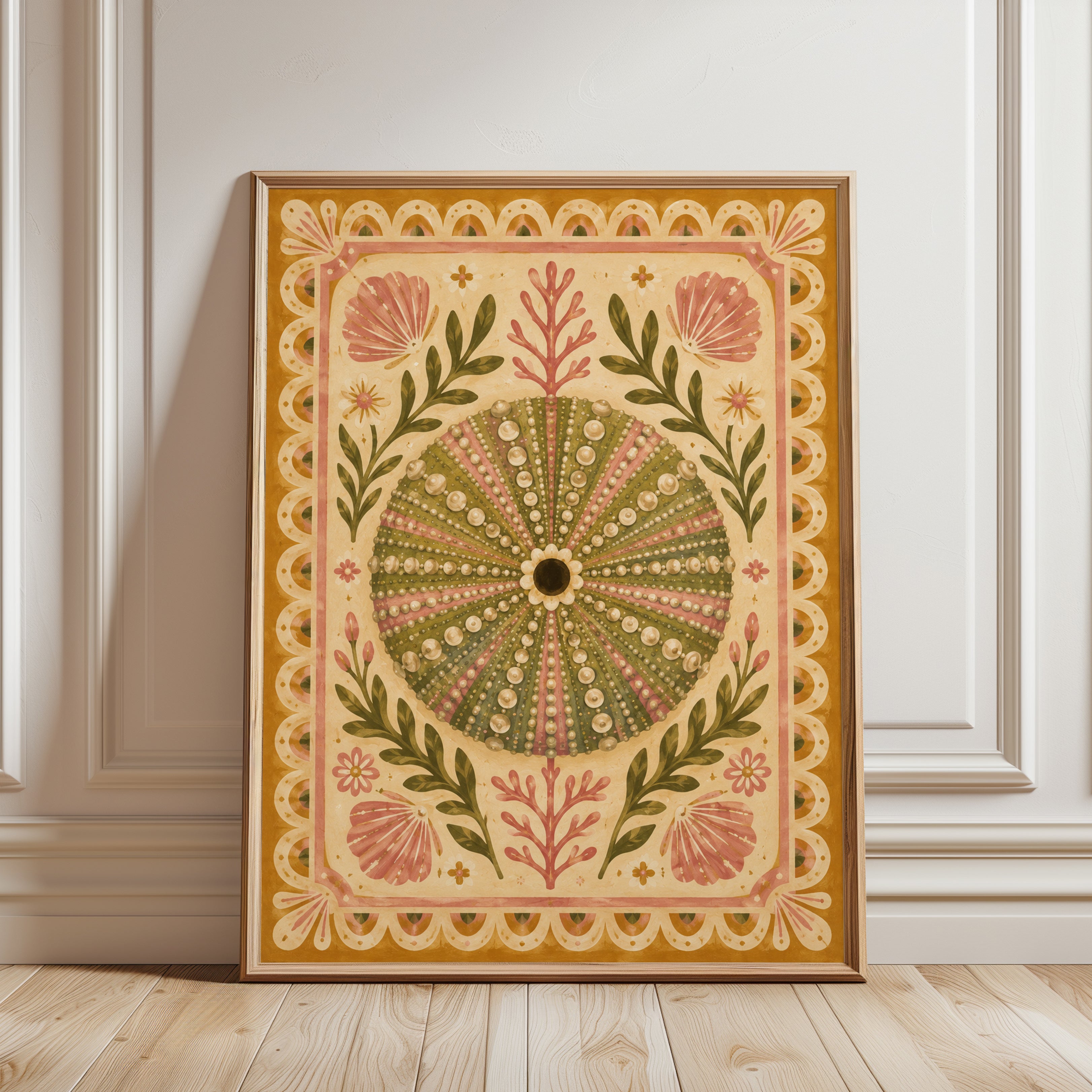 Folk Art Wall Art – Botanical Sea Urchin Print - framed detail