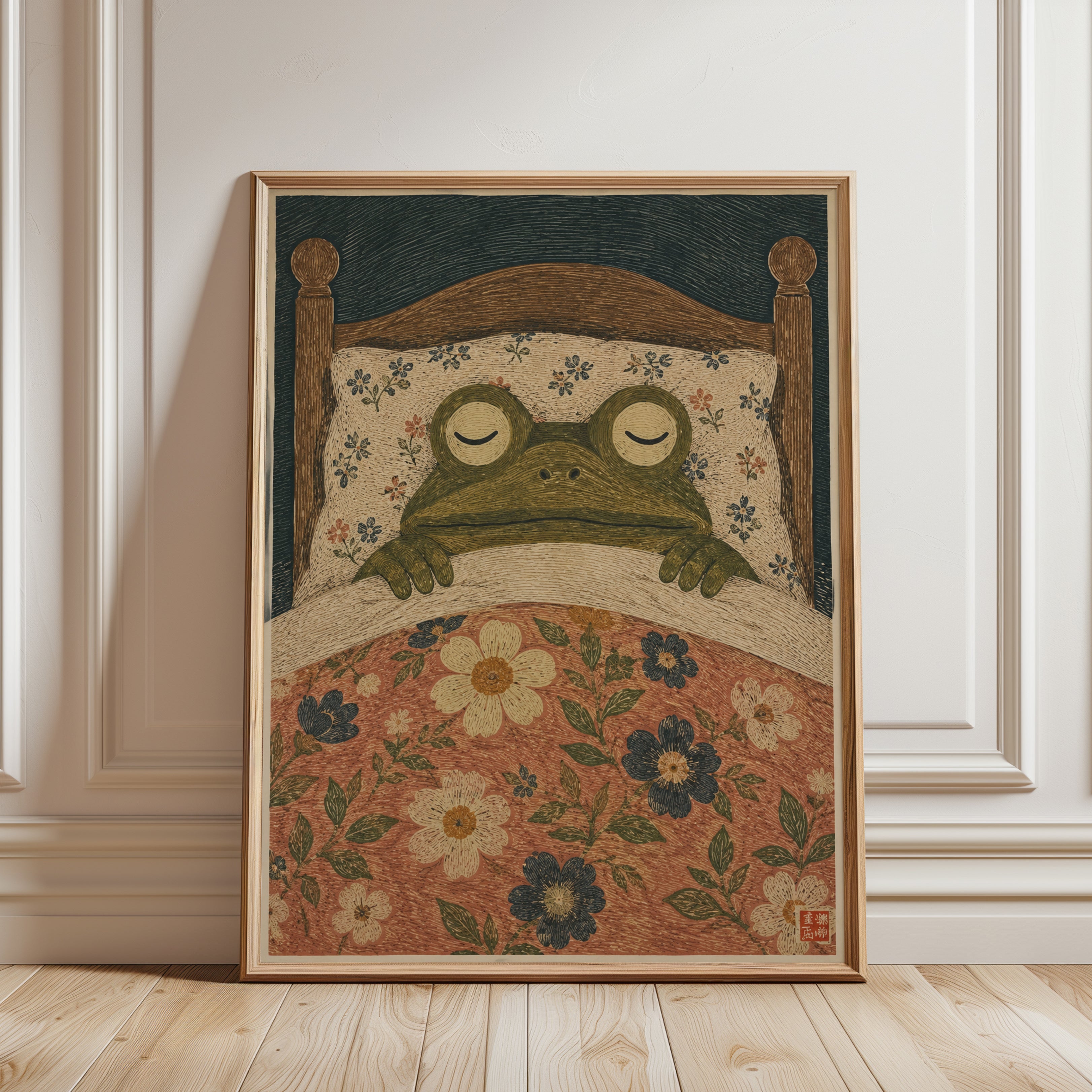 Frog in Bed Wall Art – Vintage Folk Art Print - framed detail