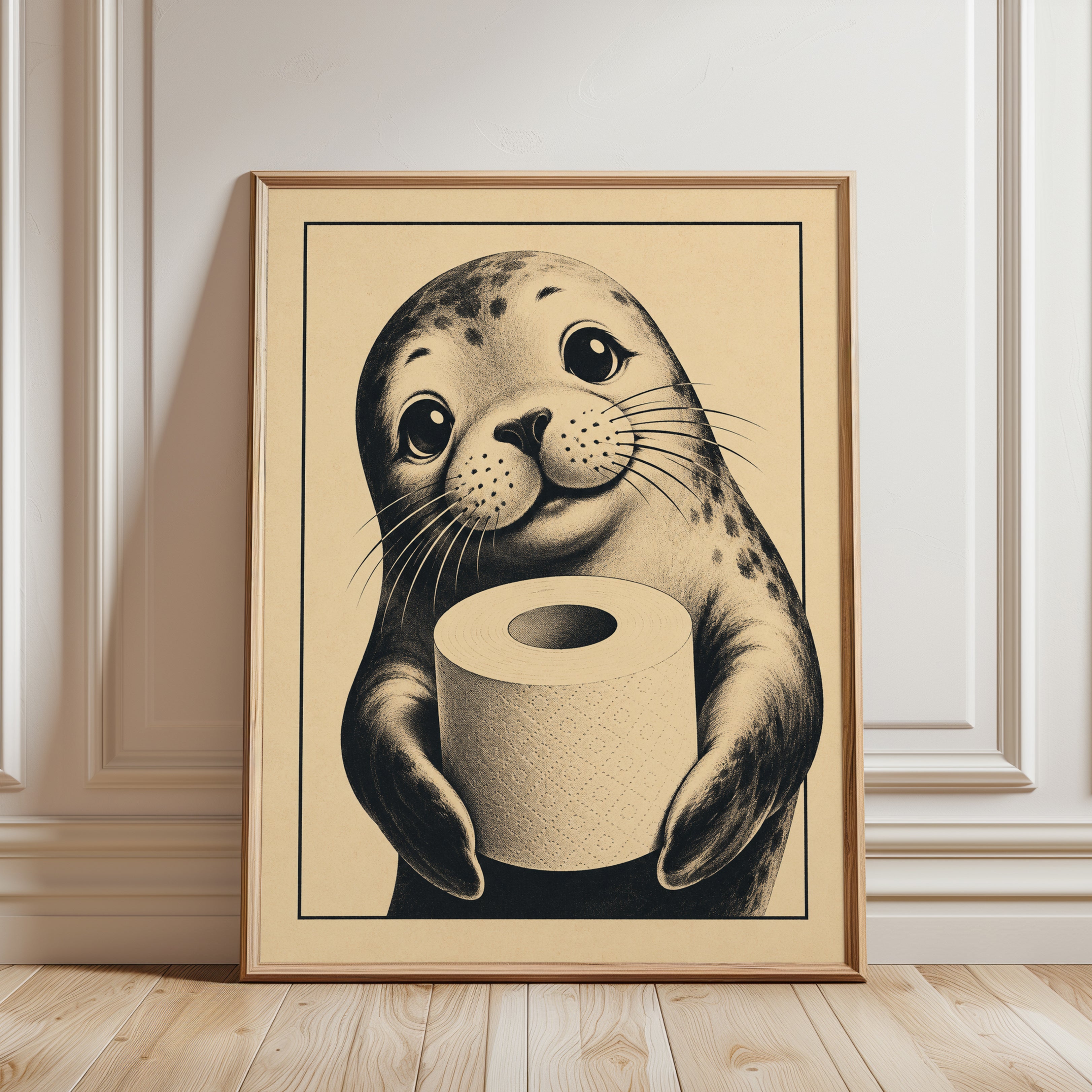 Seal Holding Toilet Paper Print: Vintage Illustration - framed detail