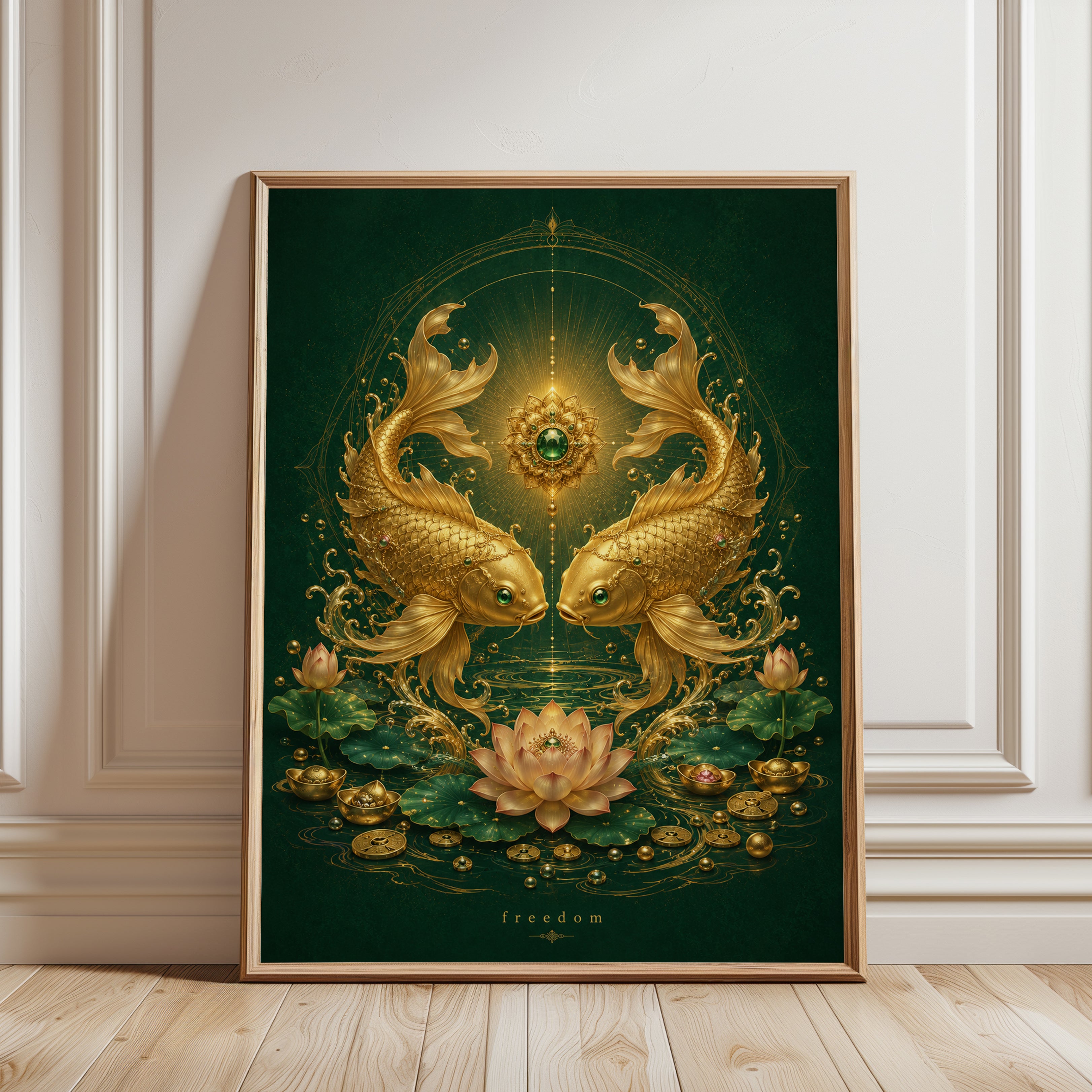 Koi Fish Wall Art – Lotus Flower Print - framed detail