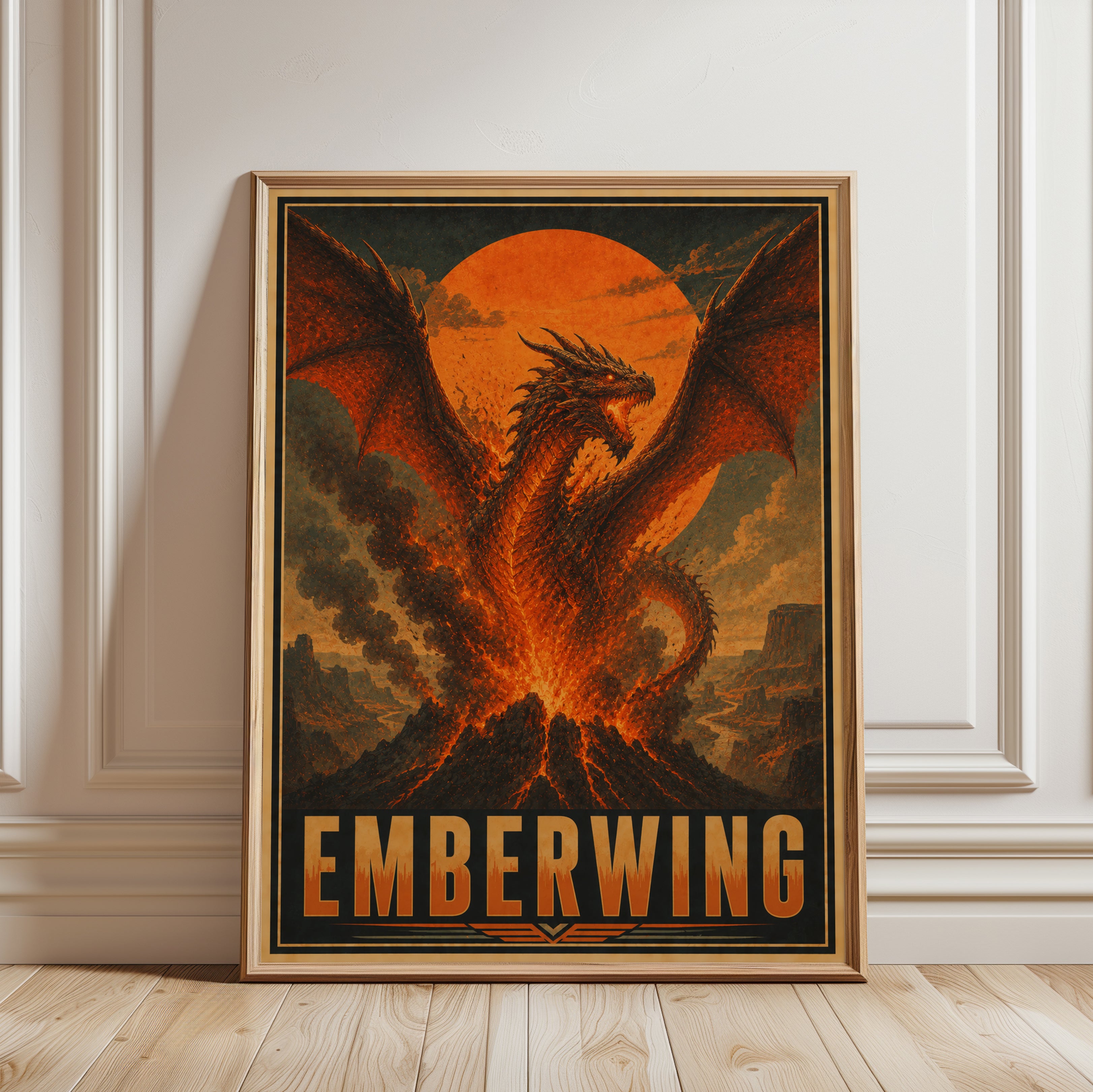 Ember Dragon Rising From Volcano: Vintage Fantasy Art Print - framed detail