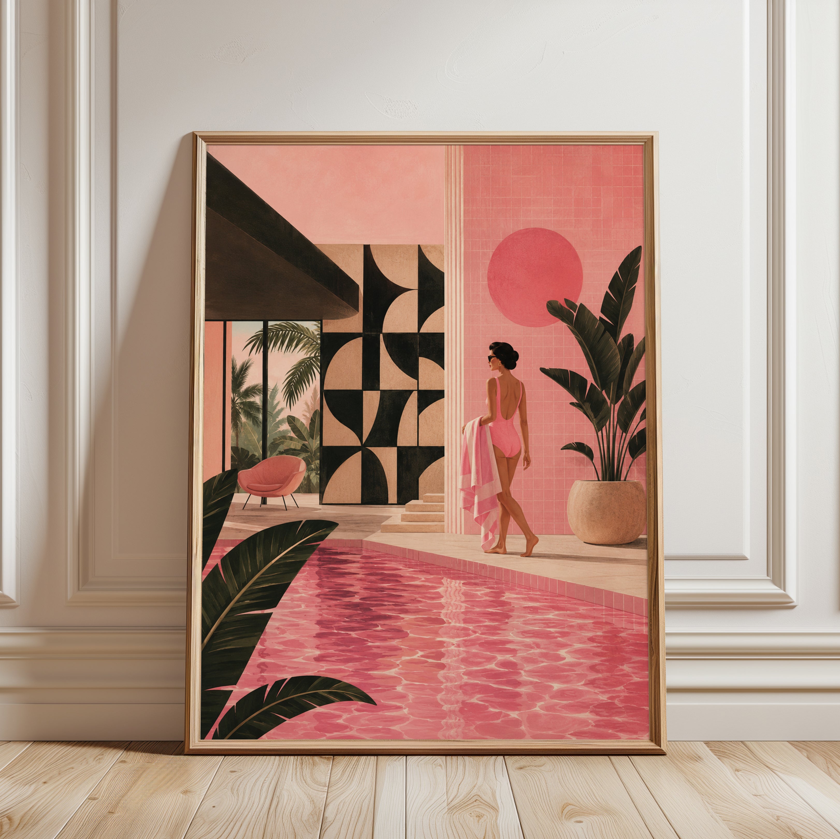 Palm Springs Pool House Art Print: Mid-Century Modern Pink Interior - framed detail
