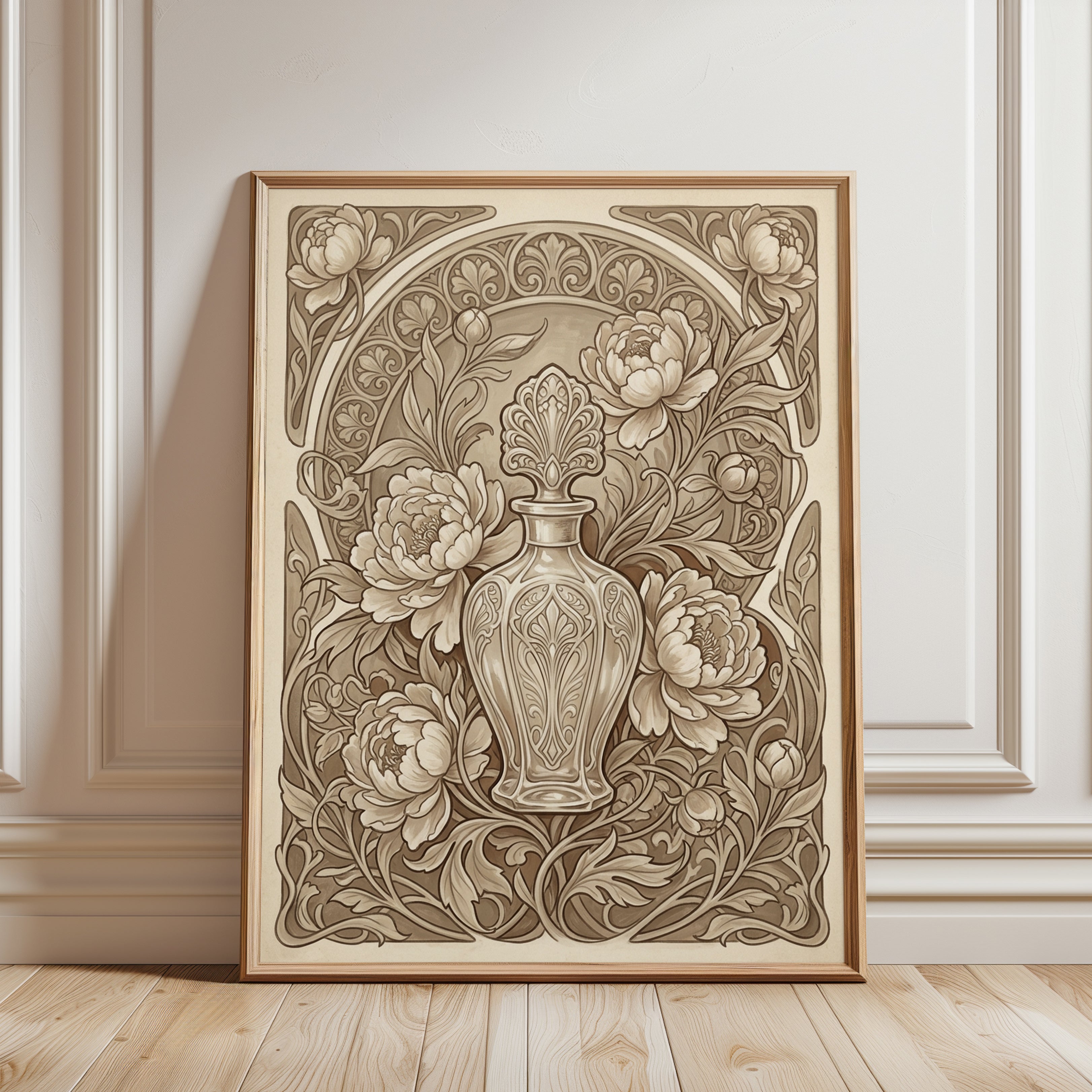 Art Nouveau Peony Vase Print: Sepia Decorative Floral Design - framed detail