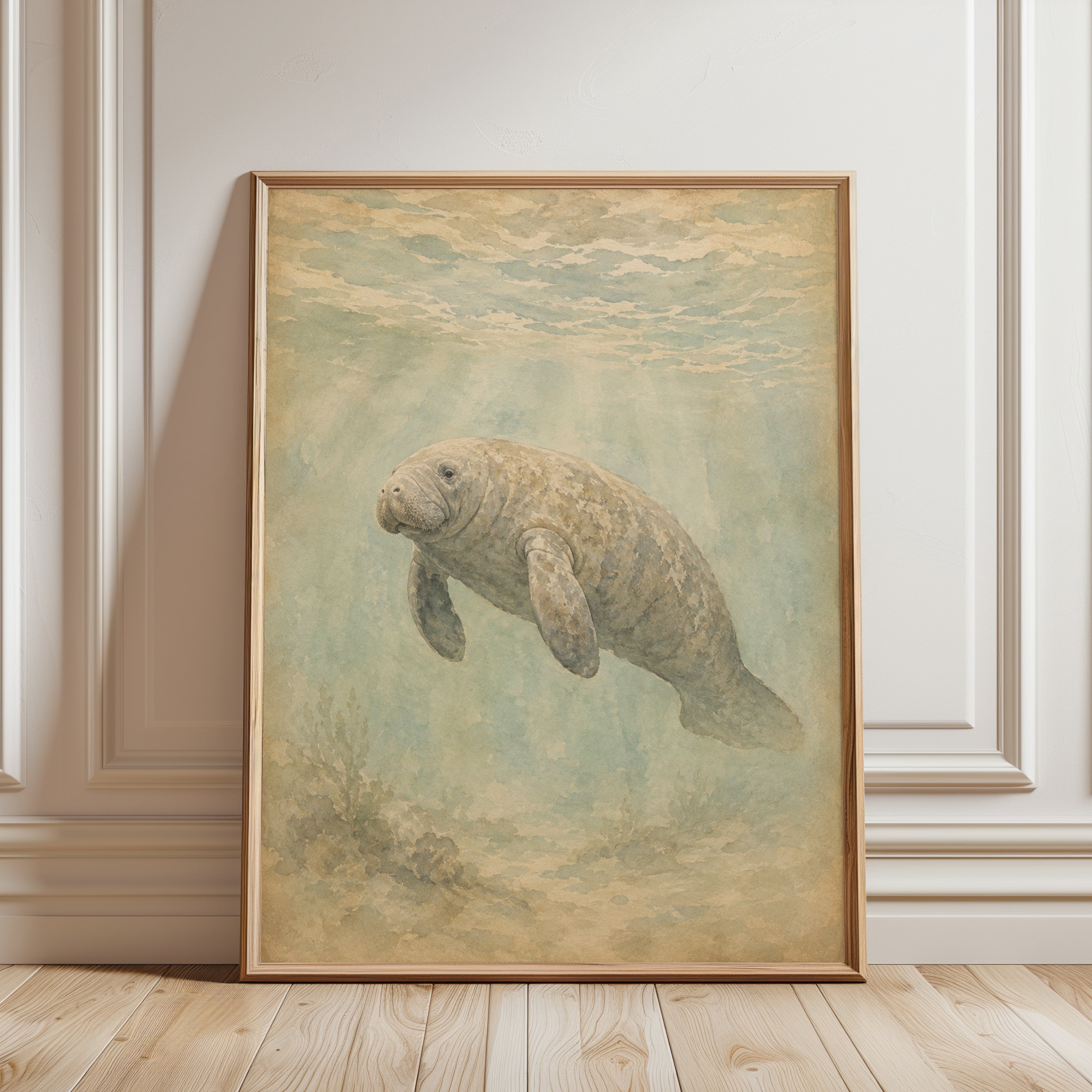 Manatee Wall Art – Vintage Marine Animal Print - framed detail