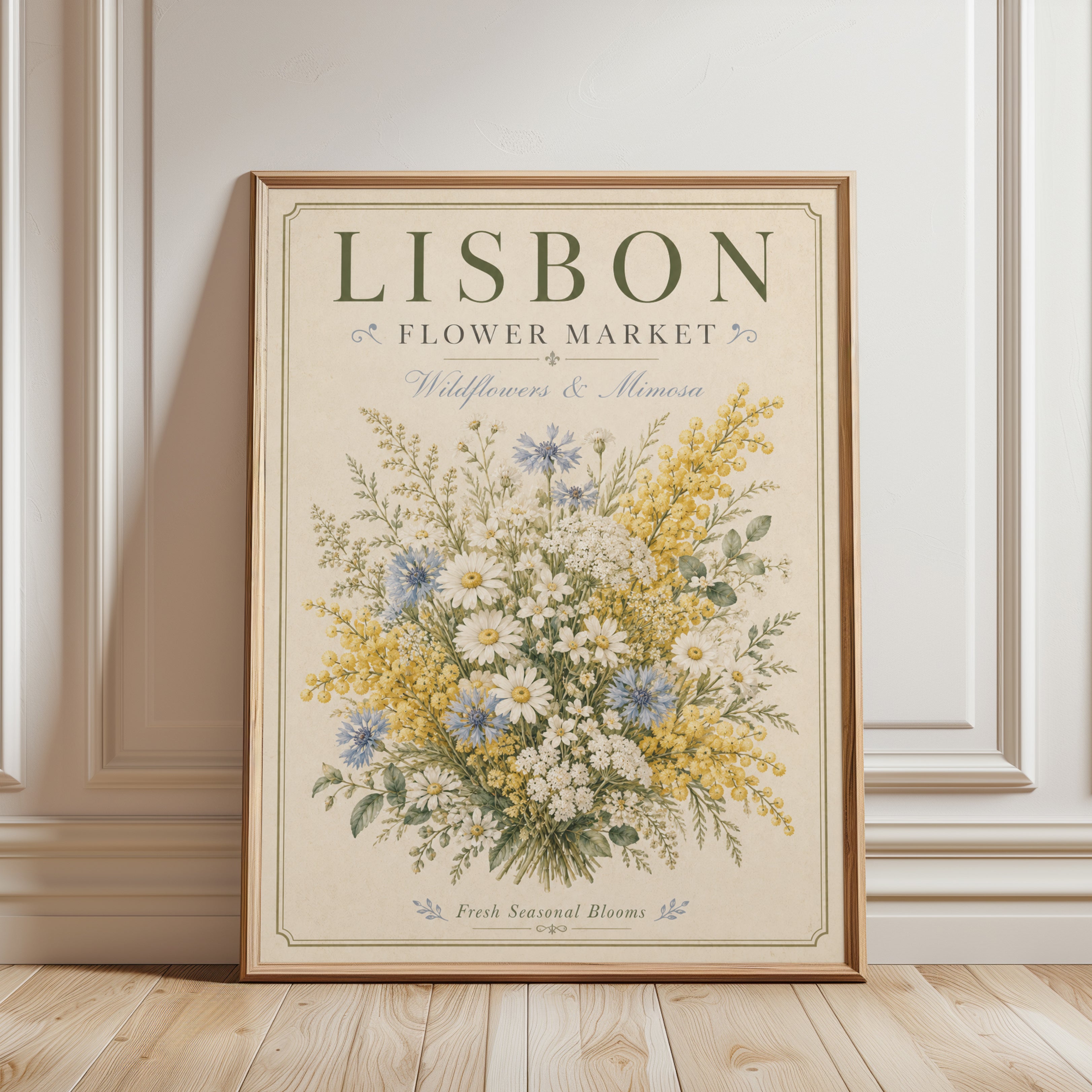 Vintage Botanical Print — Lisbon Flower Market Wildflowers & Mimosa - framed detail