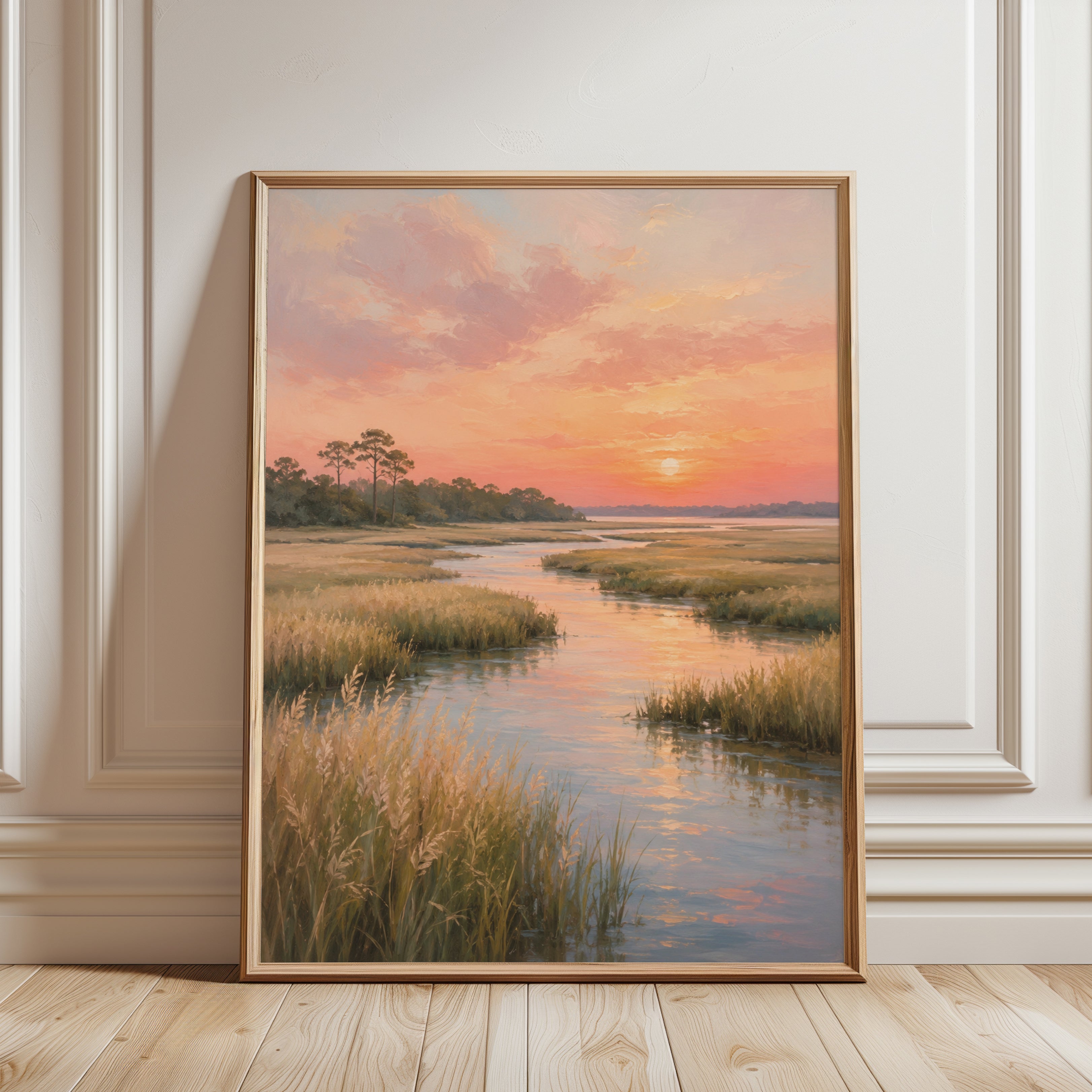 Coastal Marsh Sunset – Wetland Landscape Print - framed detail