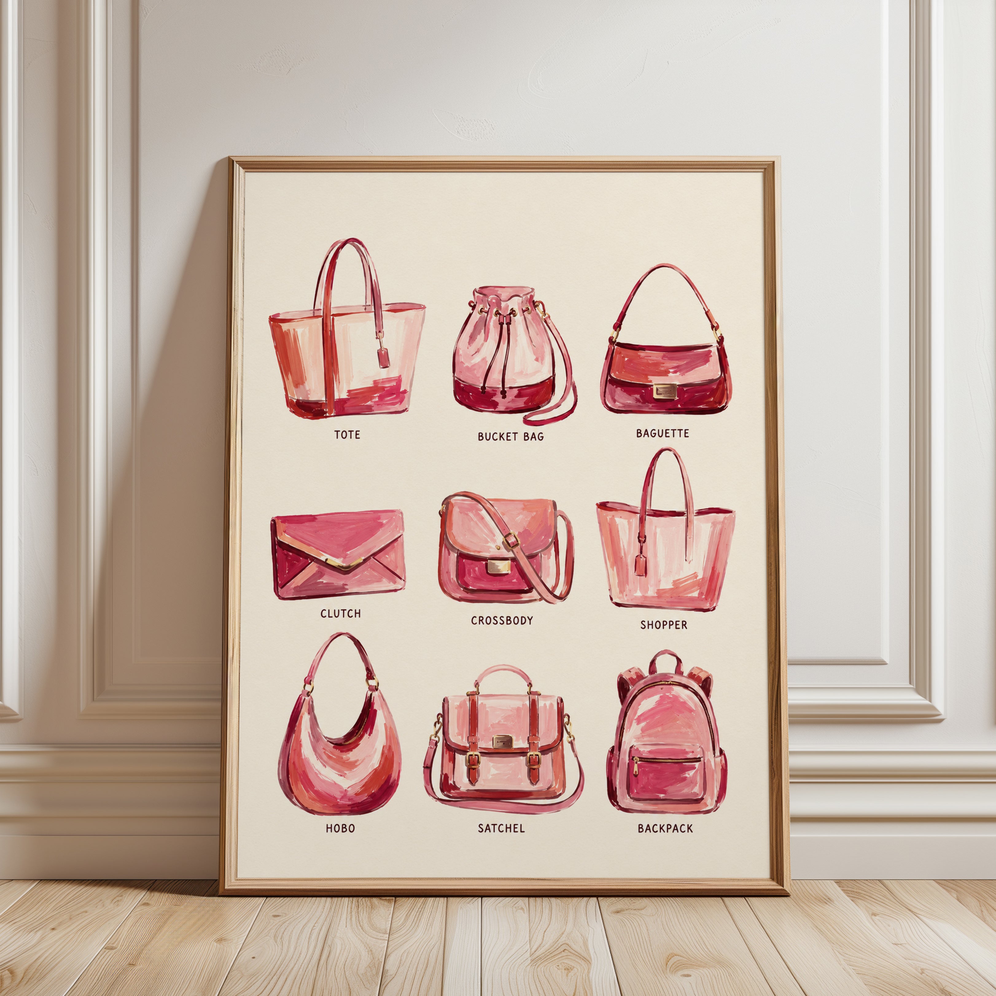 Fashion Handbag Collection Art Print: Watercolor Pink Accessories - framed detail