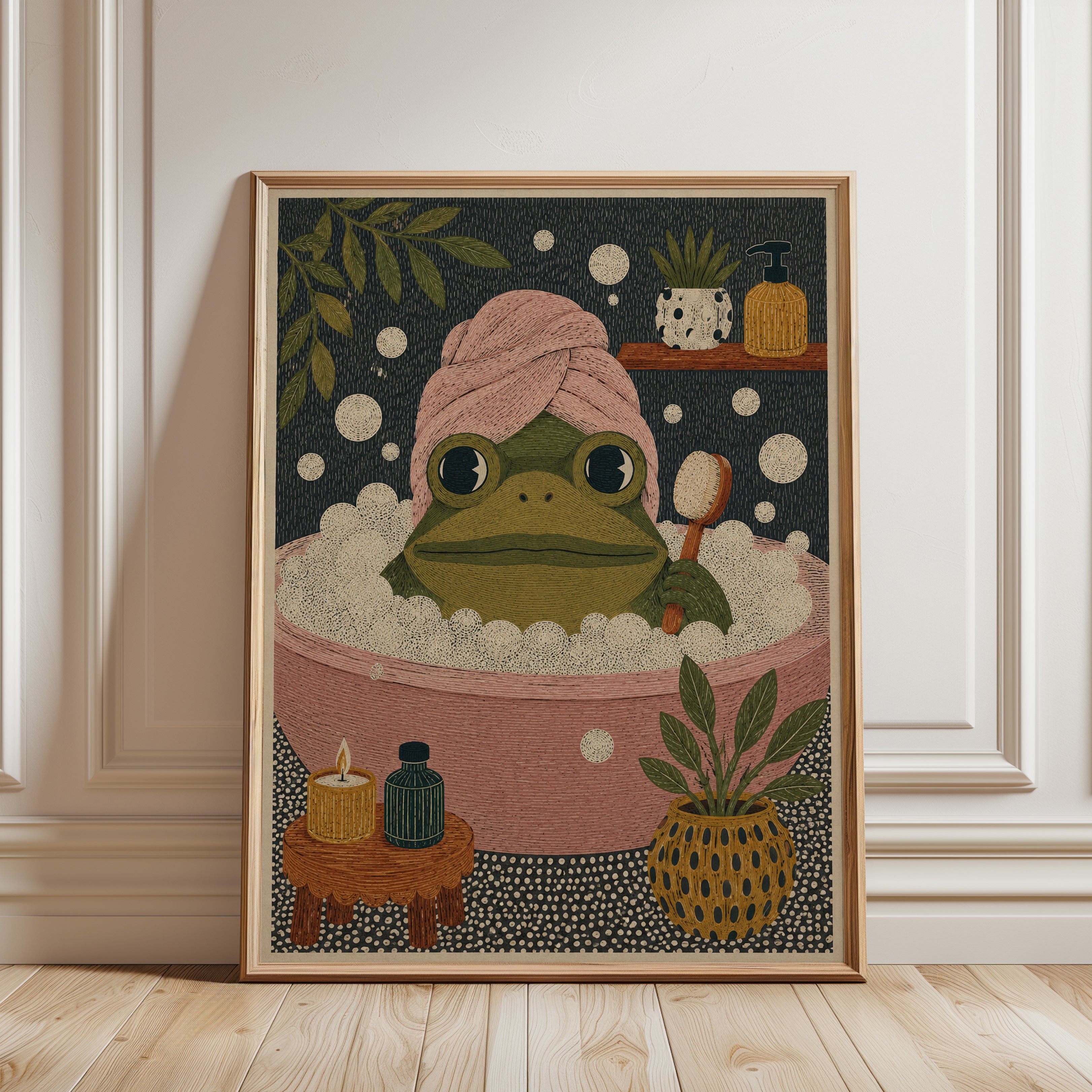 Frog Bathroom Wall Art – Spa Day Print - framed detail