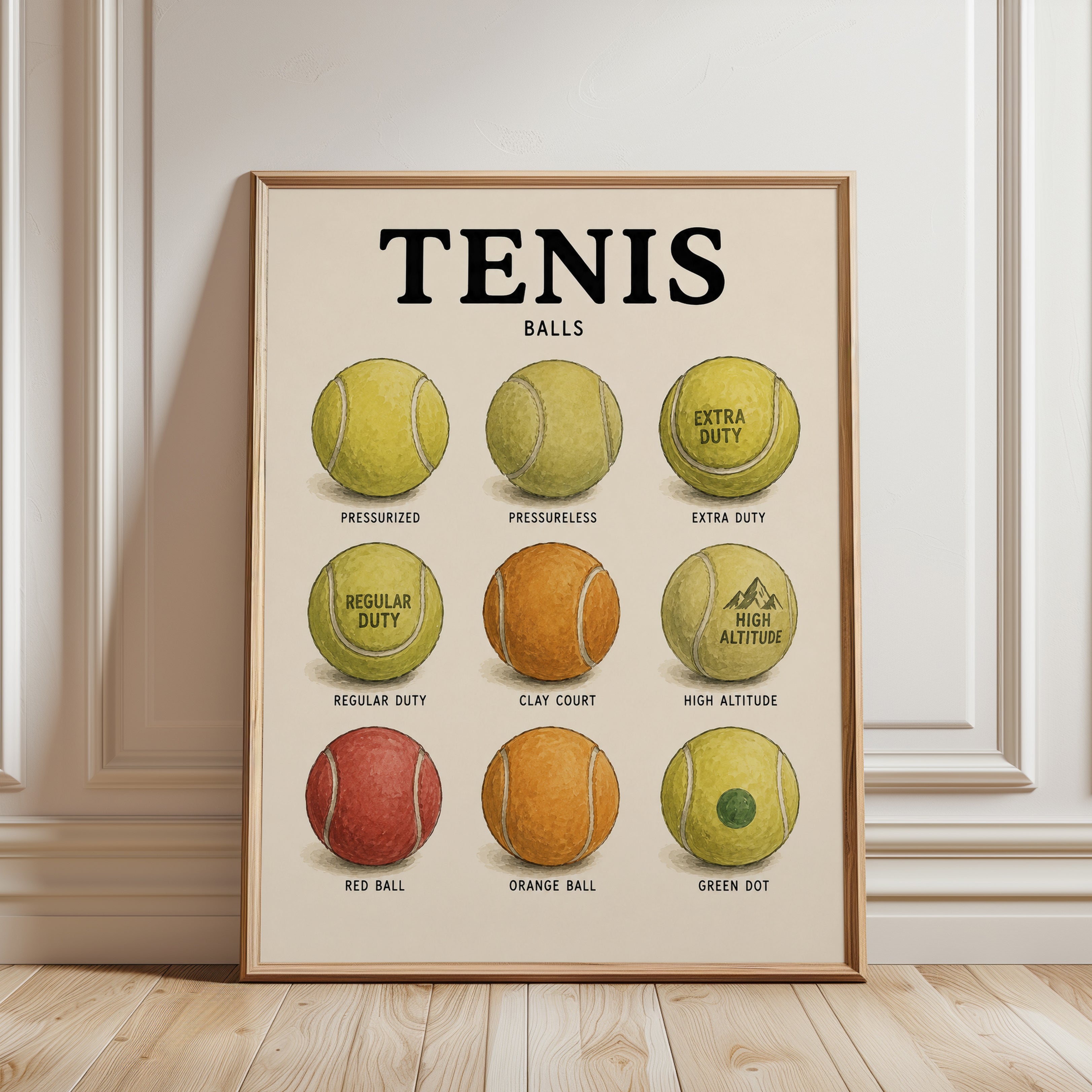 Tennis Balls Guide Print — Vintage Educational Chart - framed detail