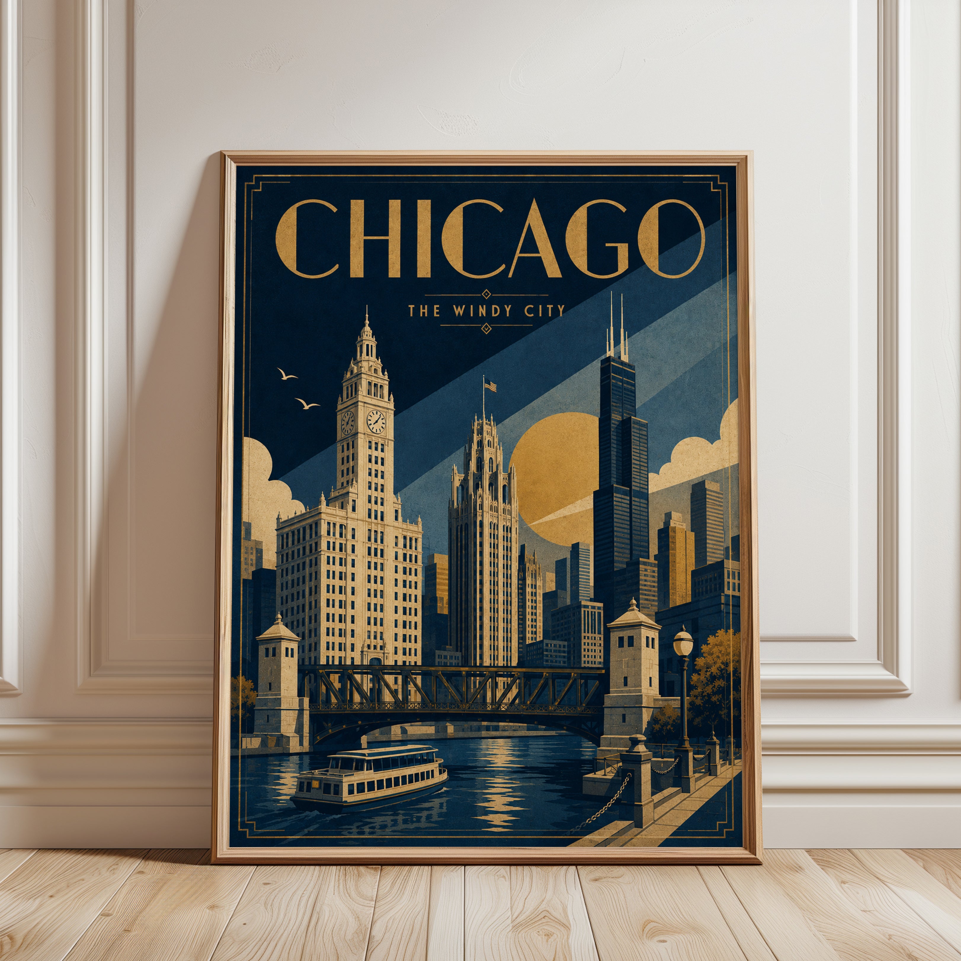 Chicago Travel Poster – Vintage Art Deco Wall Art - framed detail