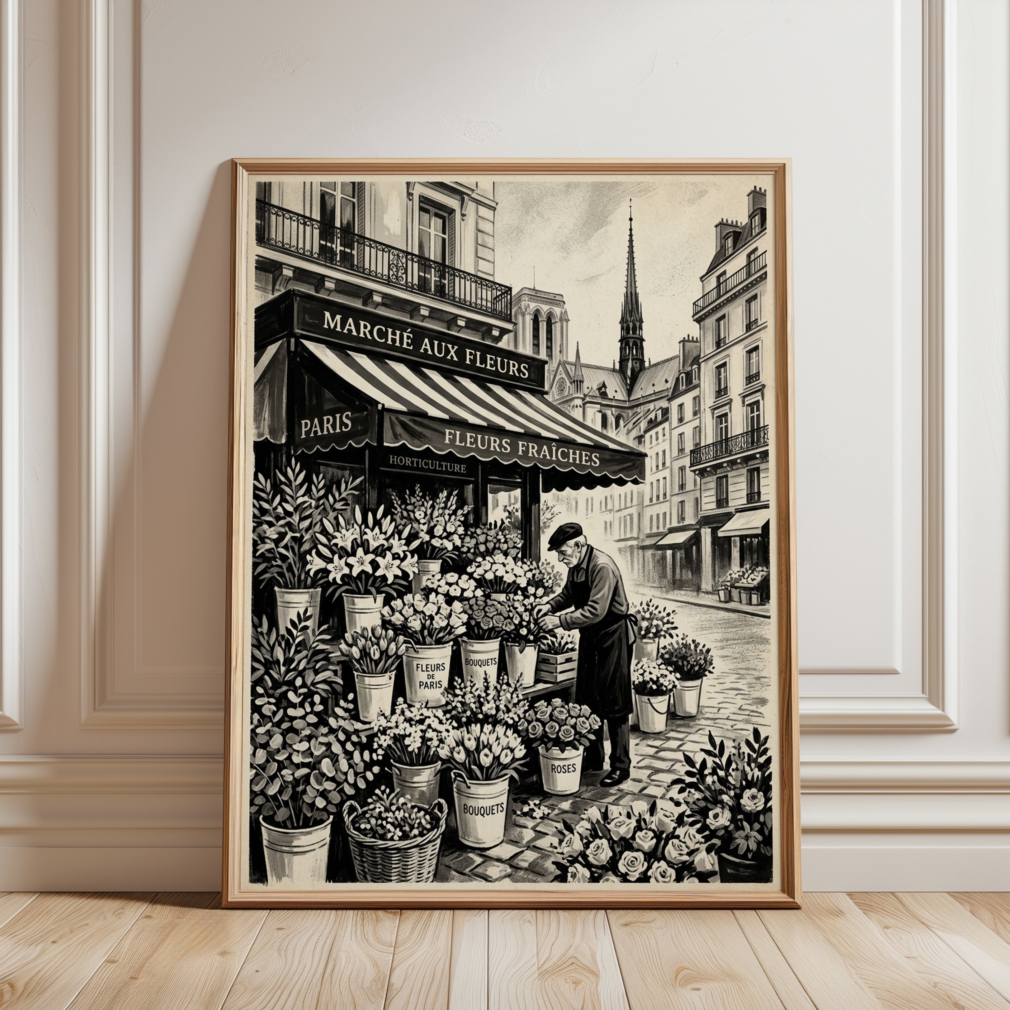 Paris Flower Market Art Print: Vintage Sepia Street Scene - framed detail