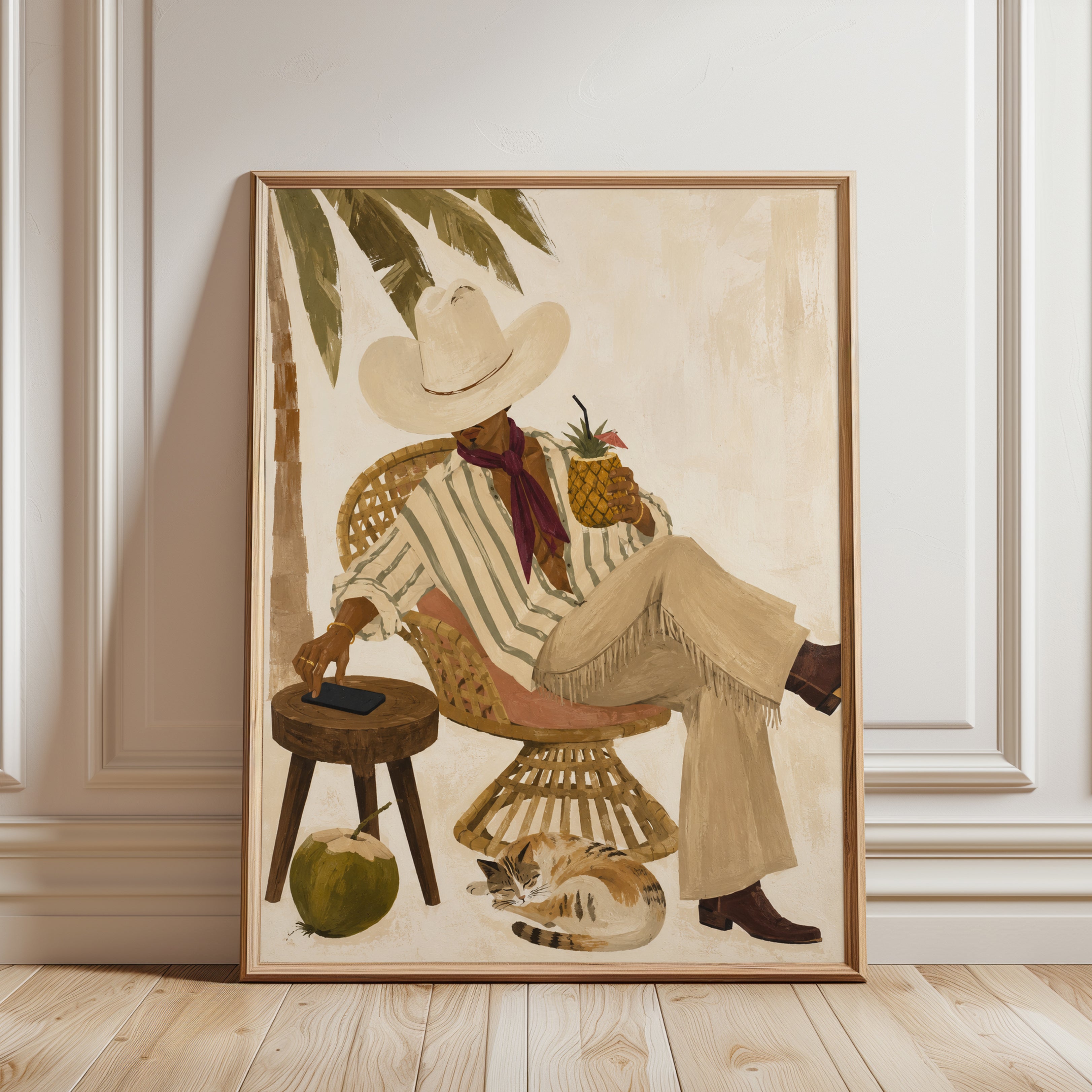 Tropical Leisure Wall Art: Figure With Pineapple In Rattan Chair - framed detail