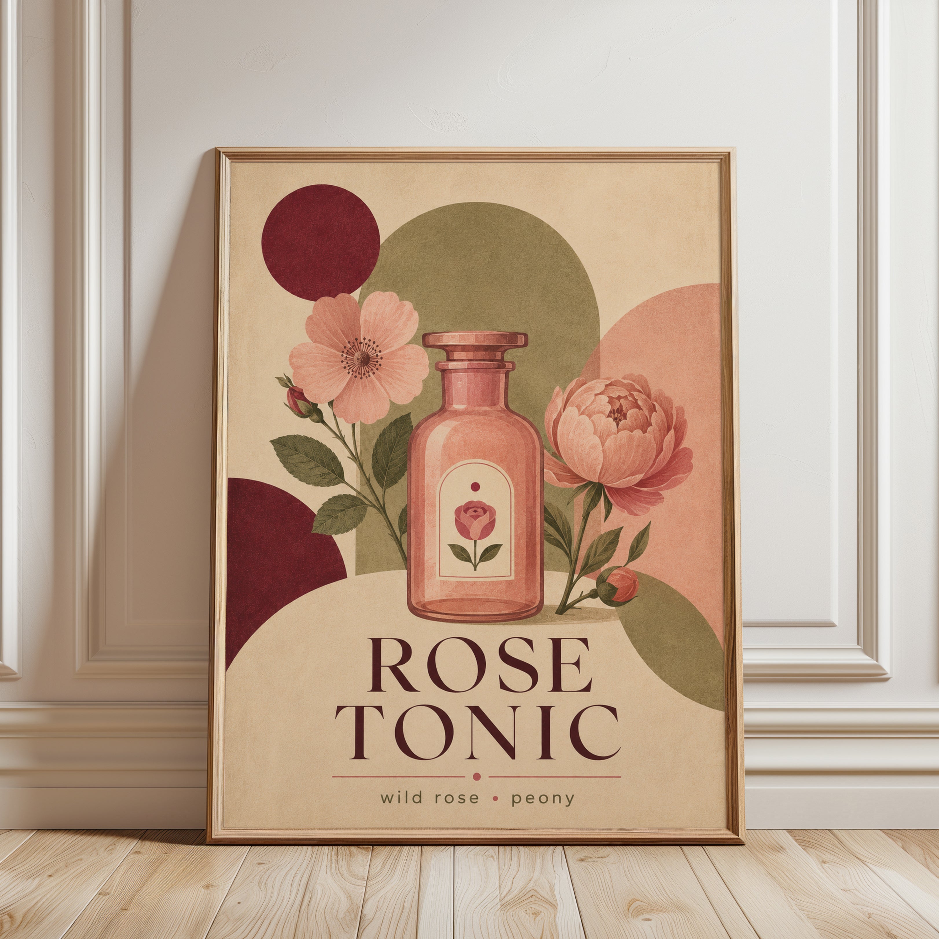Rose Tonic Botanical Print: Vintage Apothecary Art Poster - framed detail