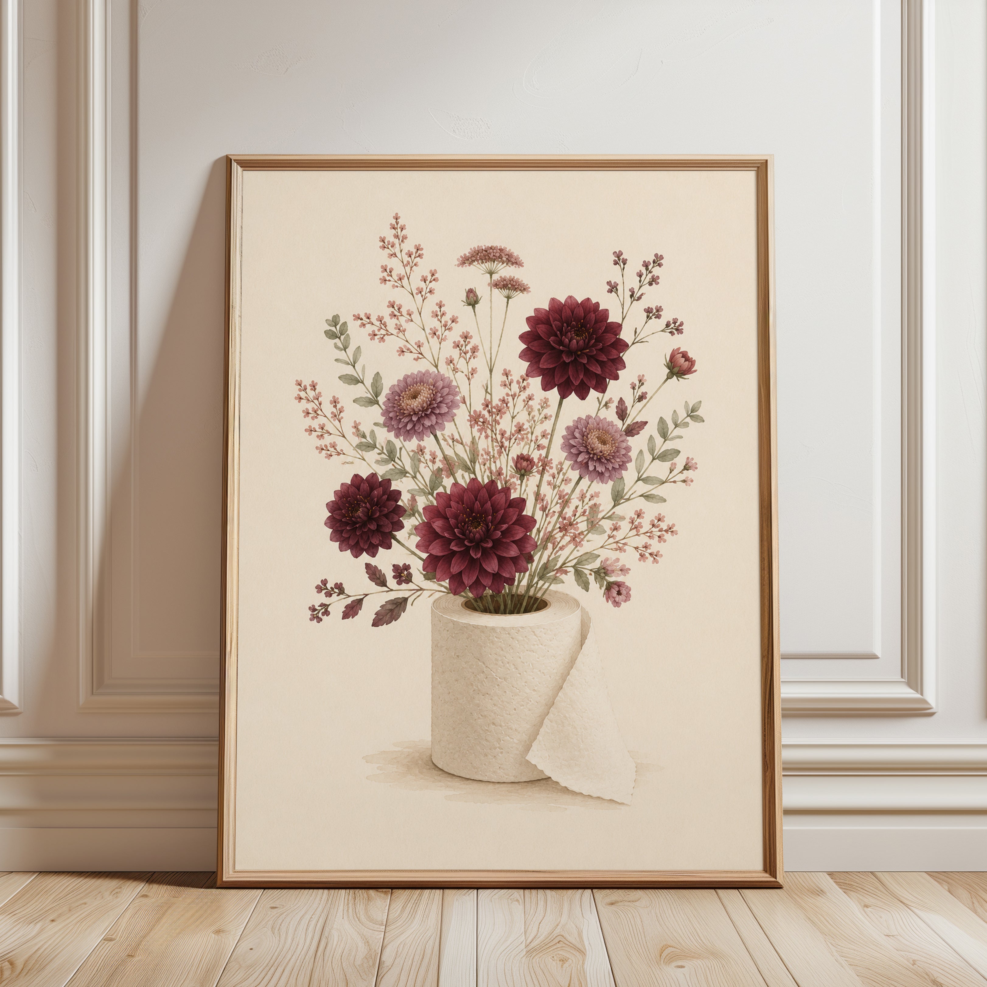 Burgundy Dahlia Botanical Print: Vintage Floral Arrangement Art - framed detail