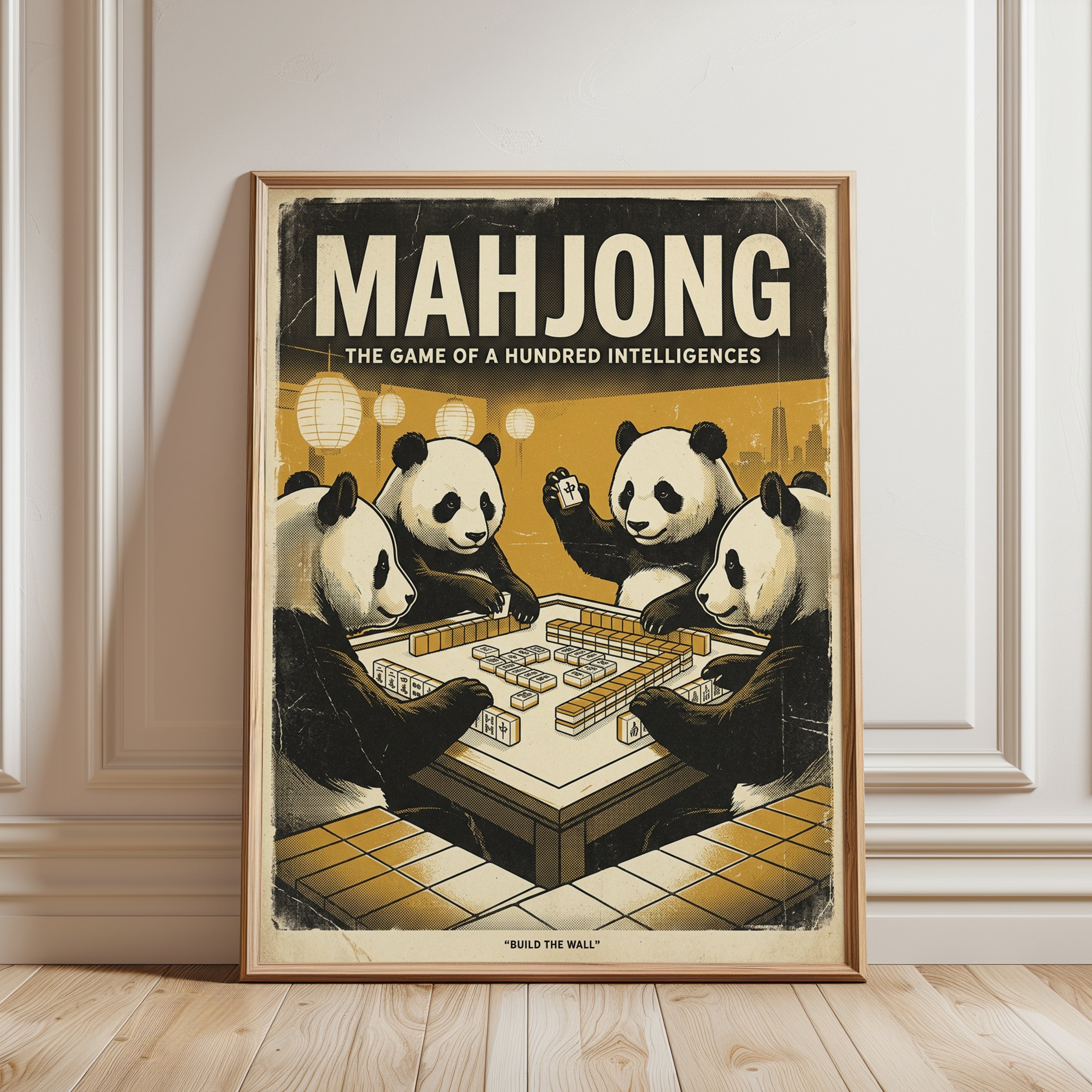 Mahjong Pandas Vintage Poster: Retro Game Room Wall Art - framed detail
