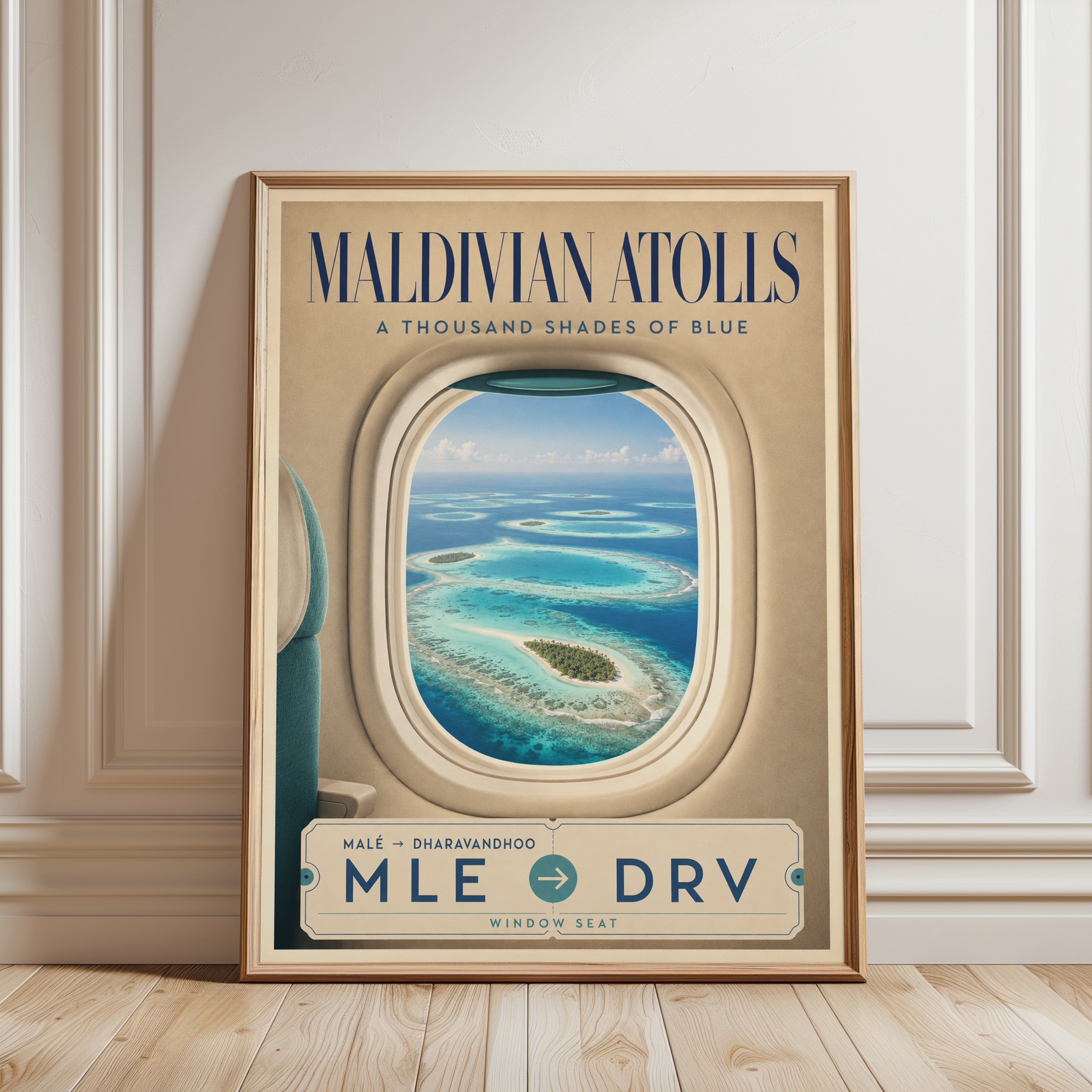 Maldives Travel Poster – Airplane Window Wall Art - framed detail