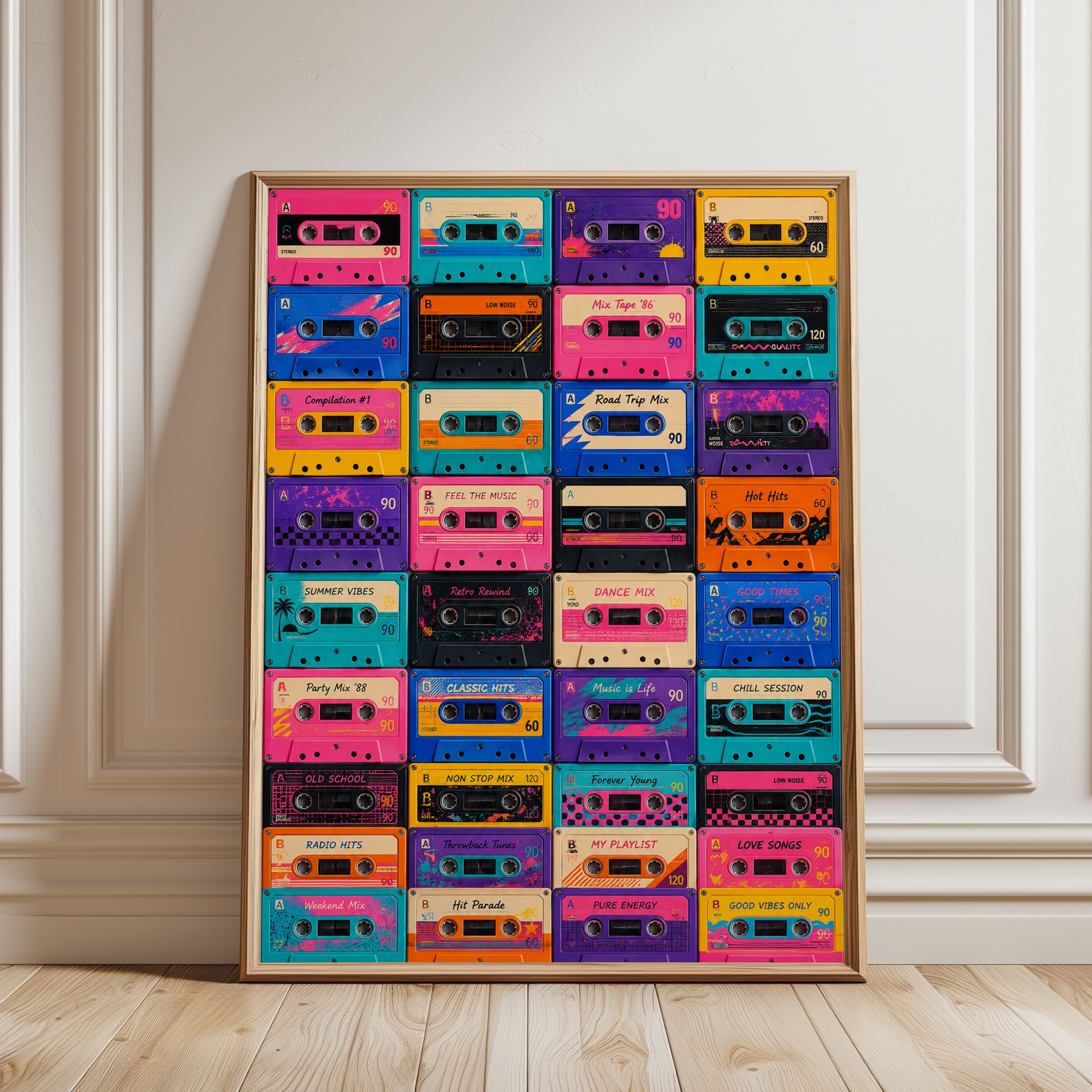 Cassette Tape Art: Retro 80s Music Collage (Colorful Wall Decor) - framed detail