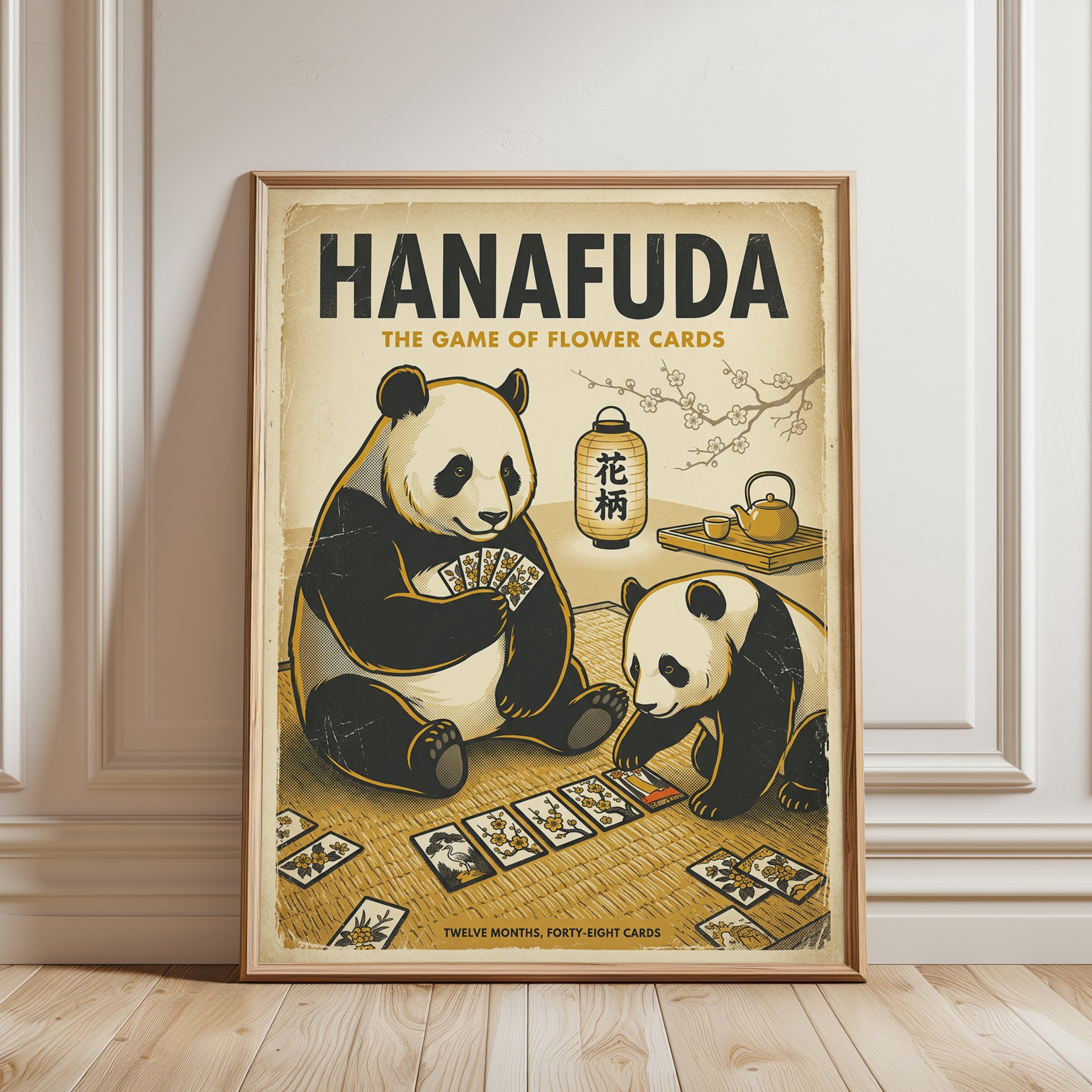 Hanafuda Pandas Playing Cards Art Print: Vintage Japanese Style - framed detail