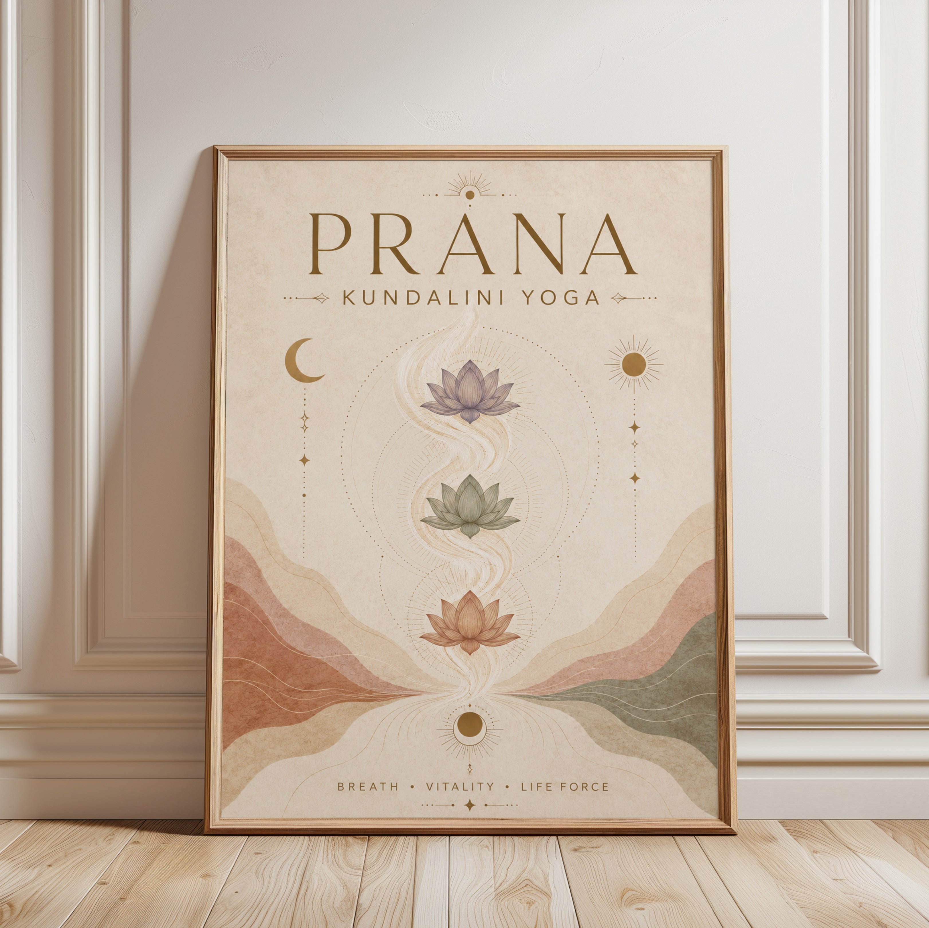 Lotus and Moon Print: Kundalini Yoga Art (Boho Meditation Room) - framed detail