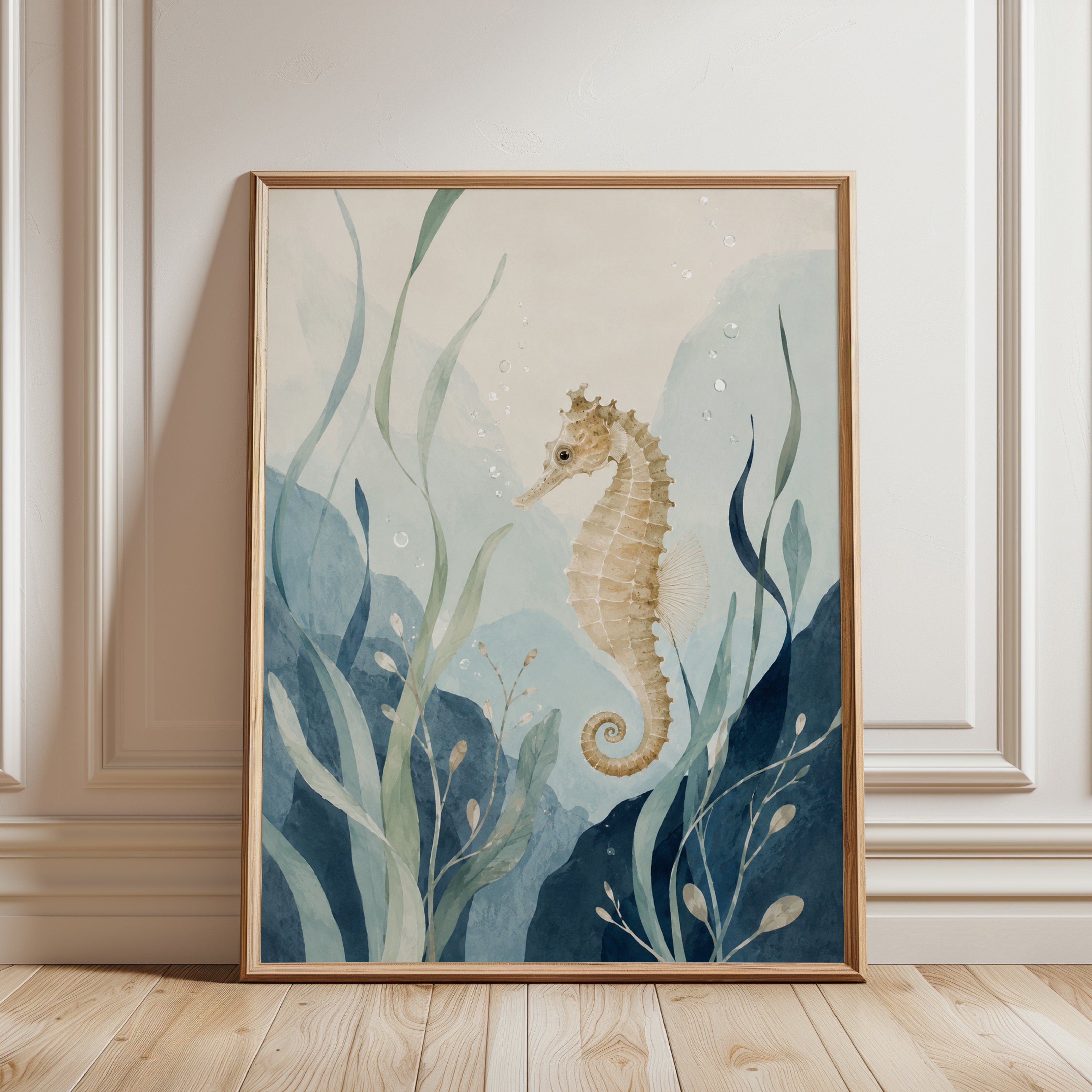 Seahorse Wall Art – Coastal Nursery Print - framed detail