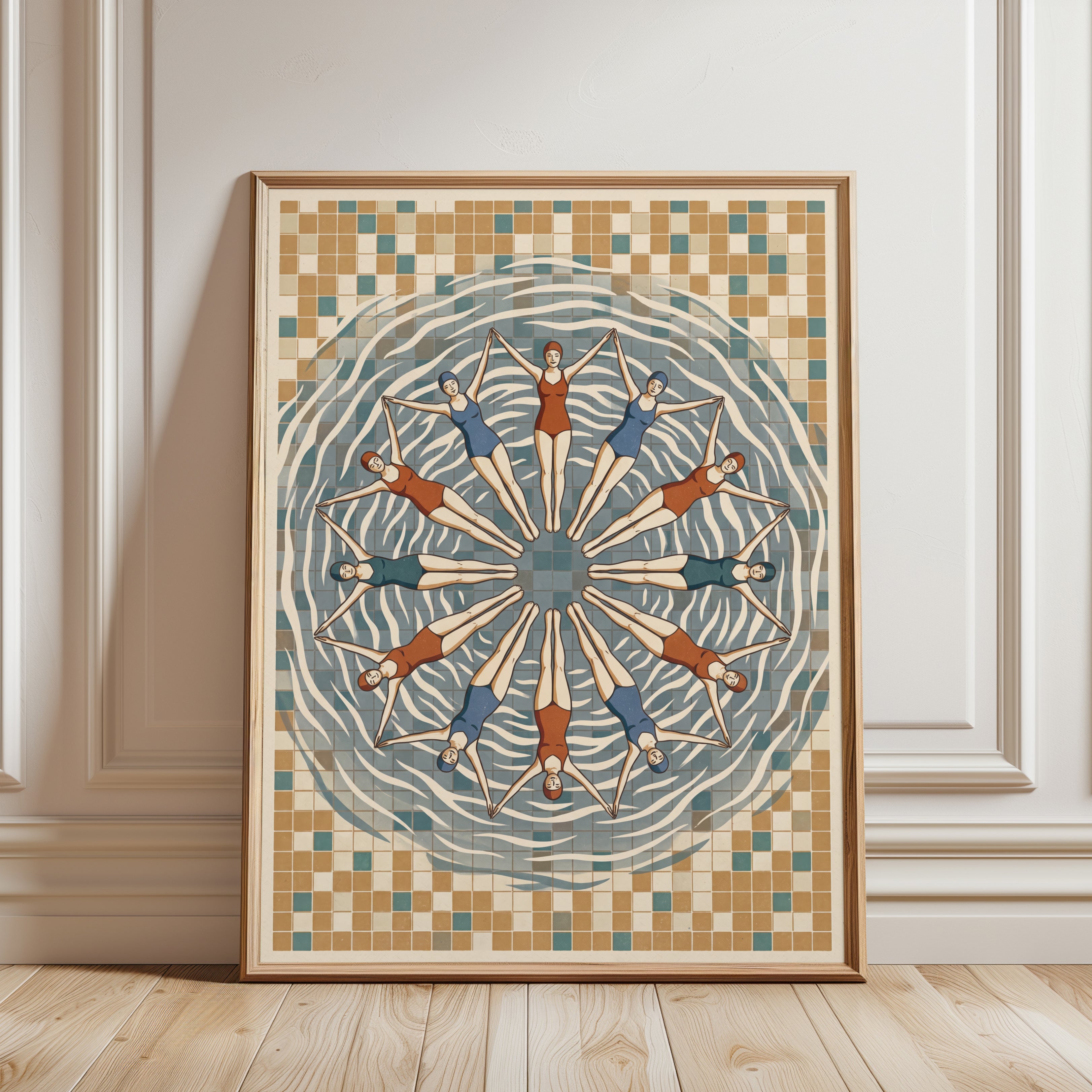 Art Deco Swimmers Print — Vintage Synchronized Swimming Kaleidoscope - framed detail