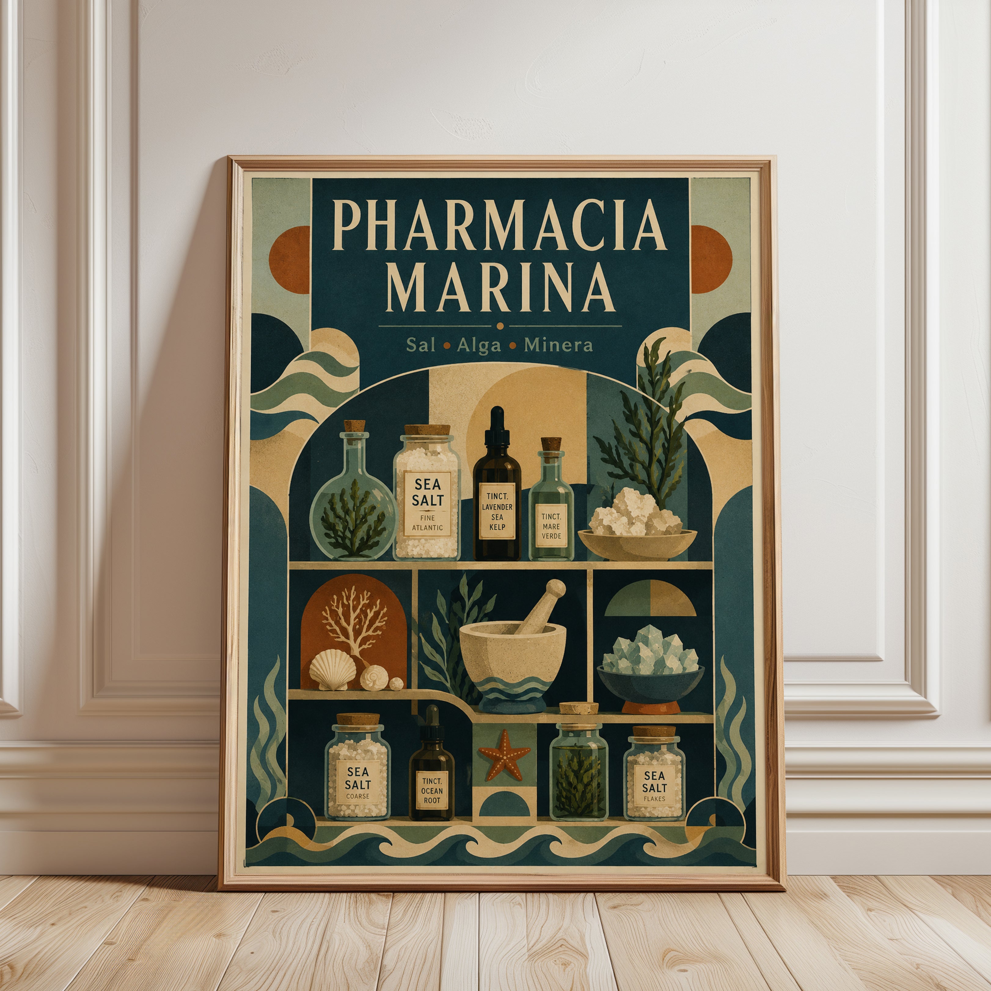 Coastal Apothecary Print: Vintage Pharmacy Art in Teal & Sage - framed detail