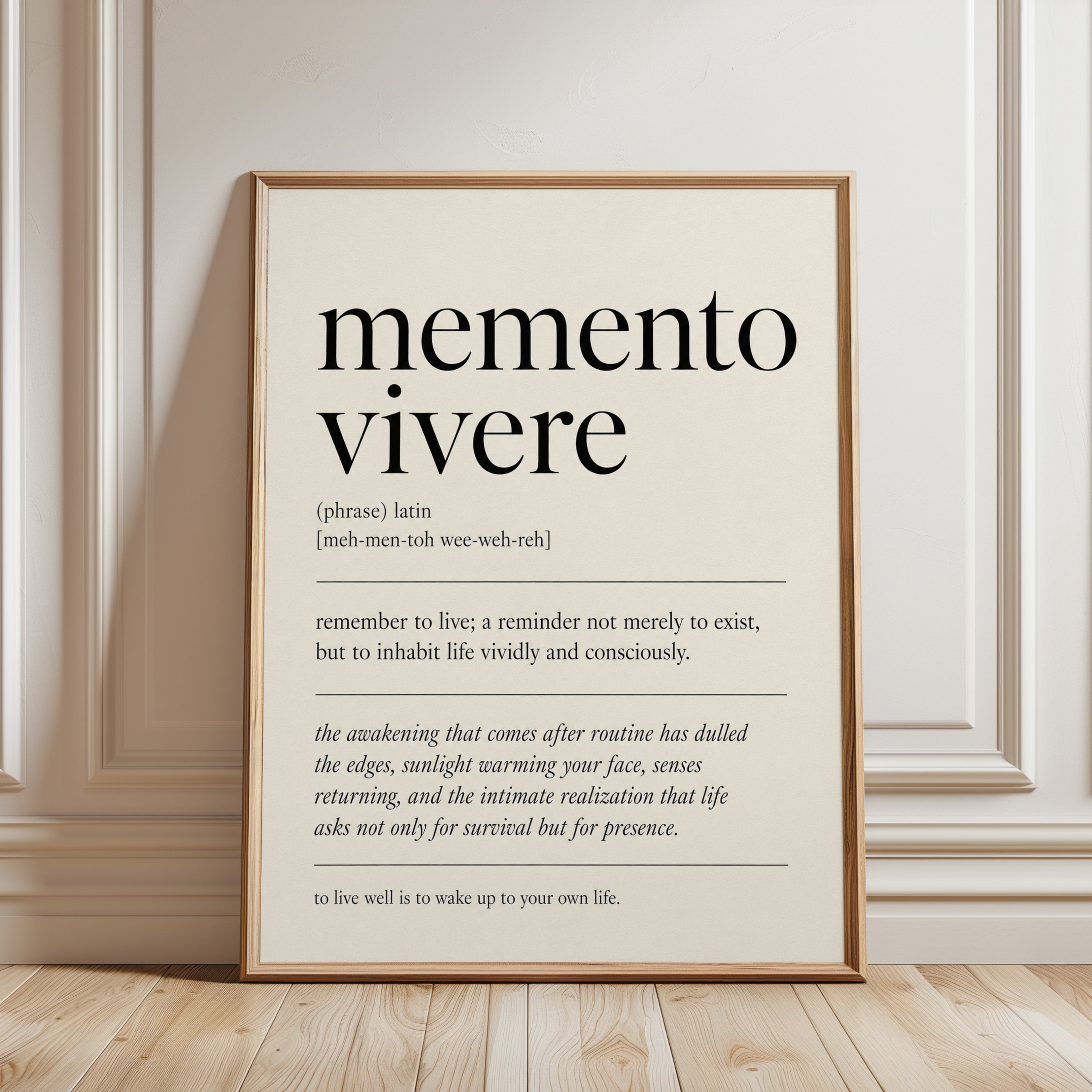 Memento Vivere Latin Definition Print: Minimalist Typography Art - framed detail