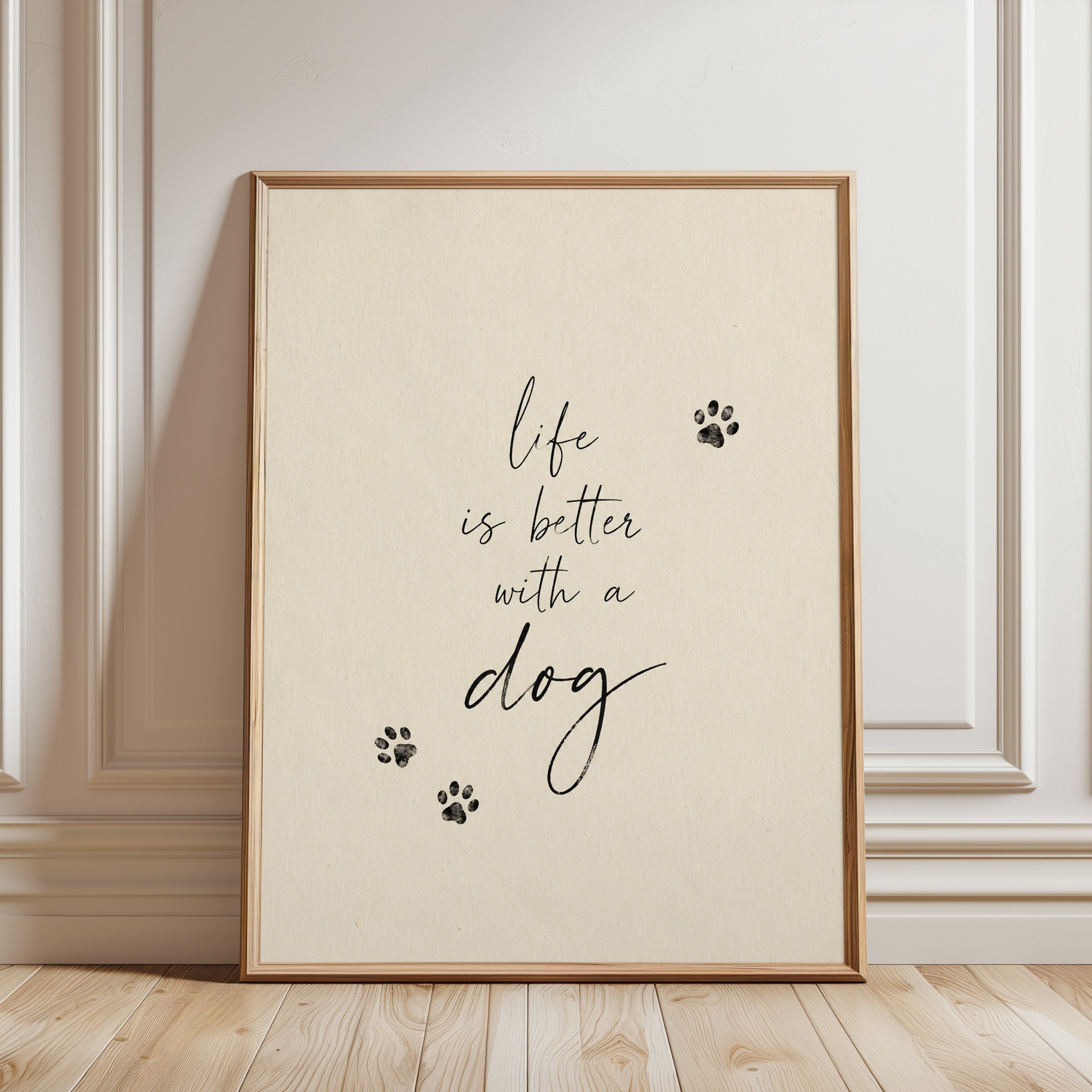 Life Is Better With A Dog Print: Minimalist Paw Typography Art - framed detail