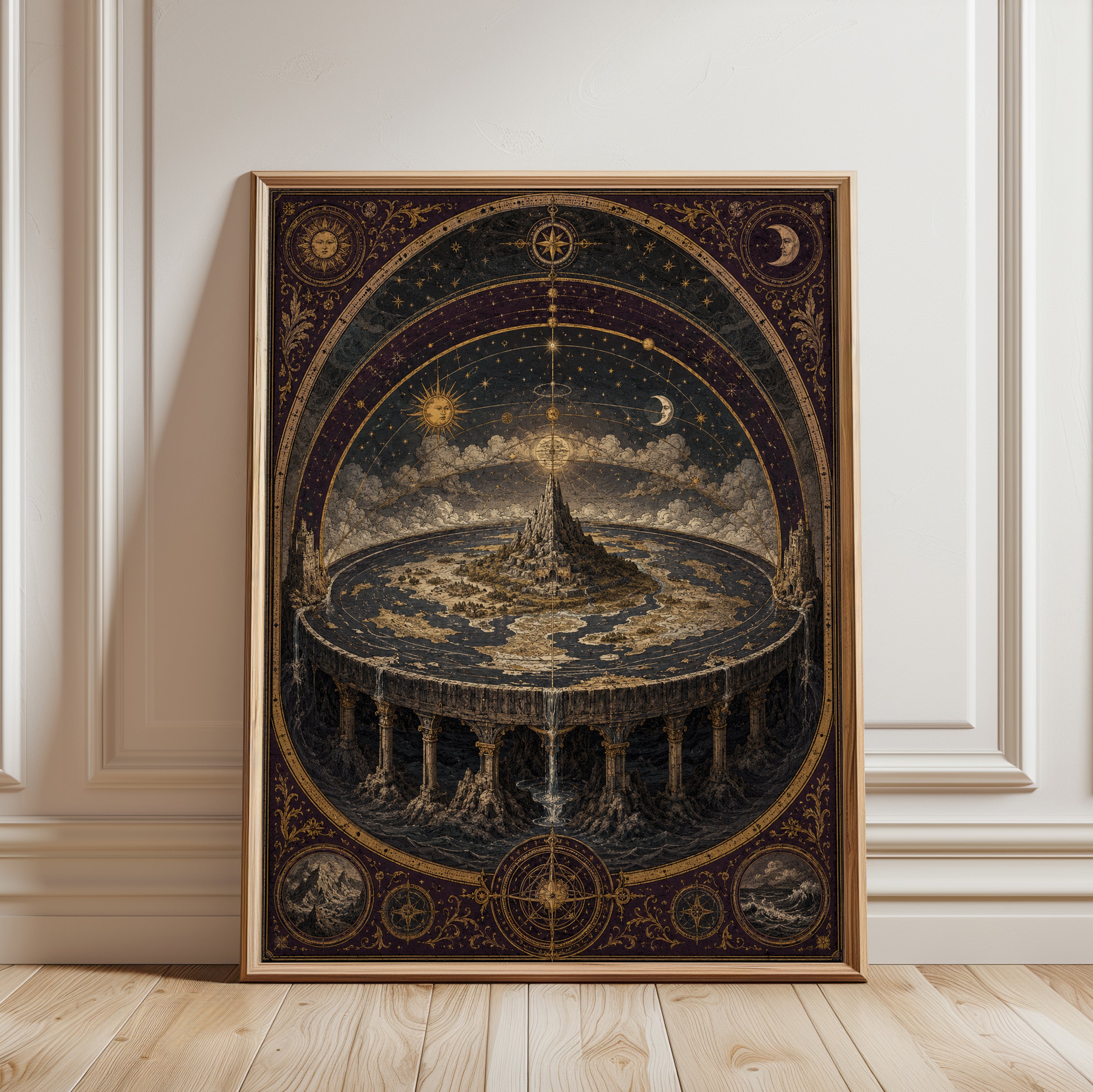 Flat Earth Cosmology Print – Medieval Celestial Map - framed detail