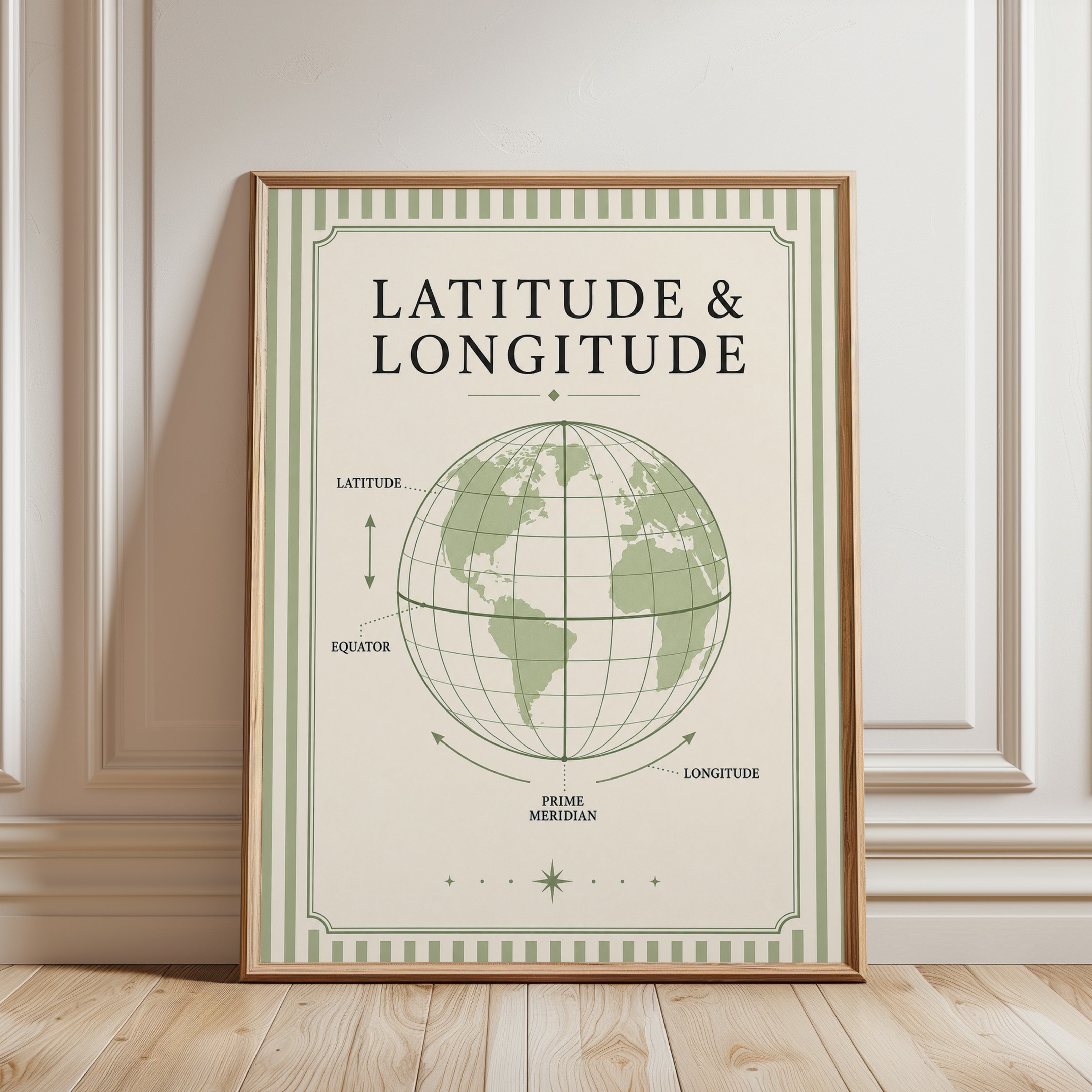 Latitude and Longitude Globe Print: Vintage Geography Wall Art - framed detail