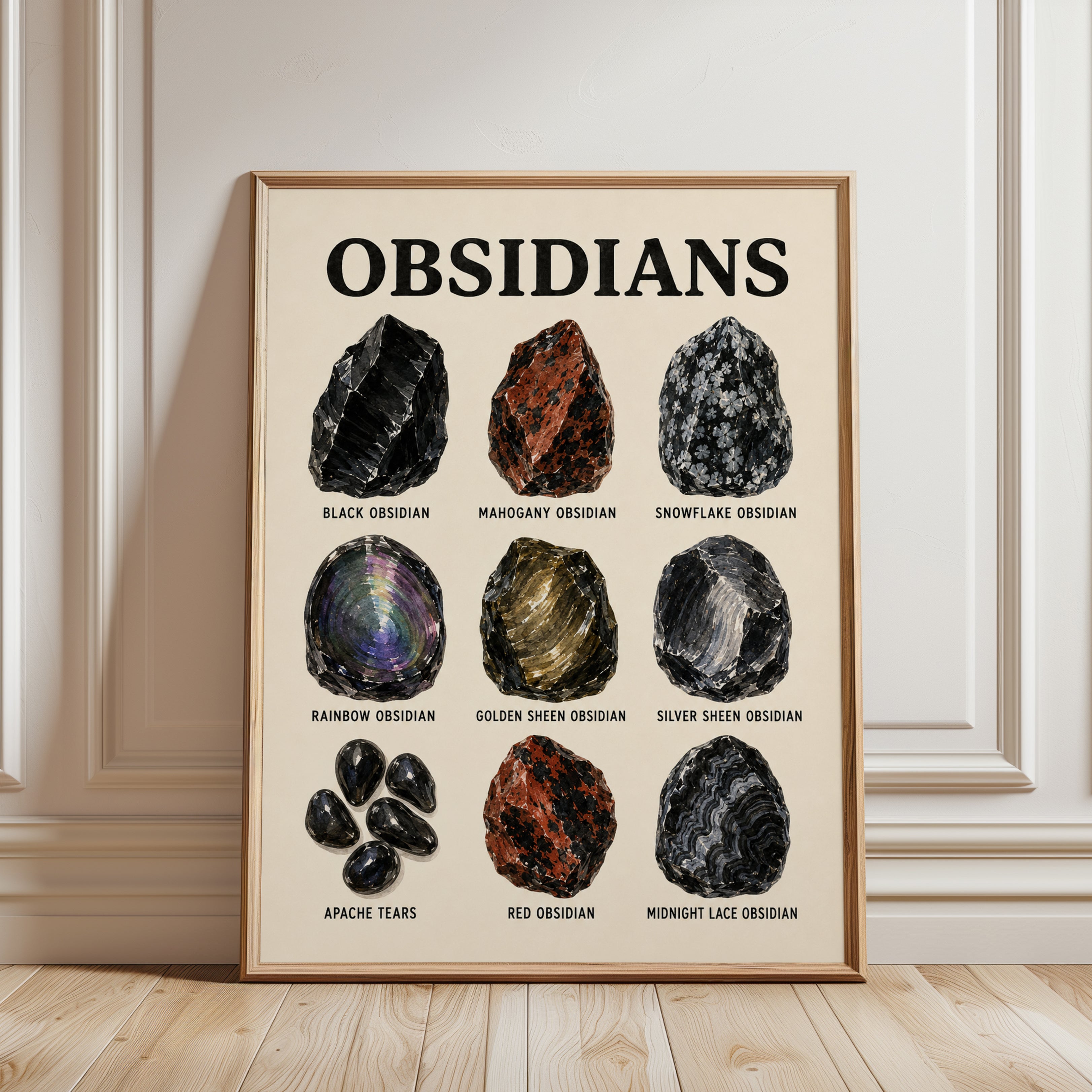 Obsidian Types Educational Poster: Vintage Mineral Chart Art Print - framed detail