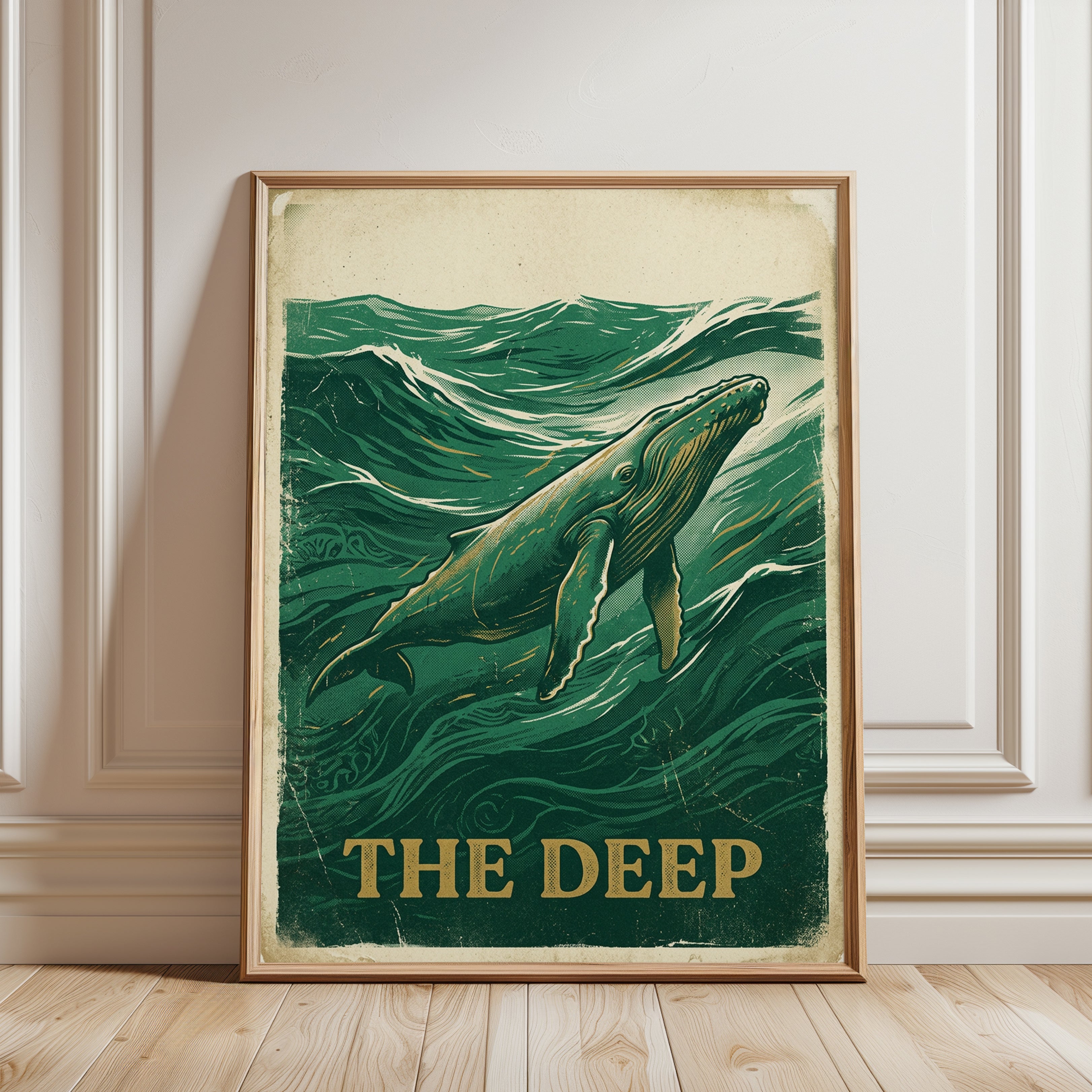 Humpback Whale Art Print: Vintage Green Woodblock Ocean Poster - framed detail