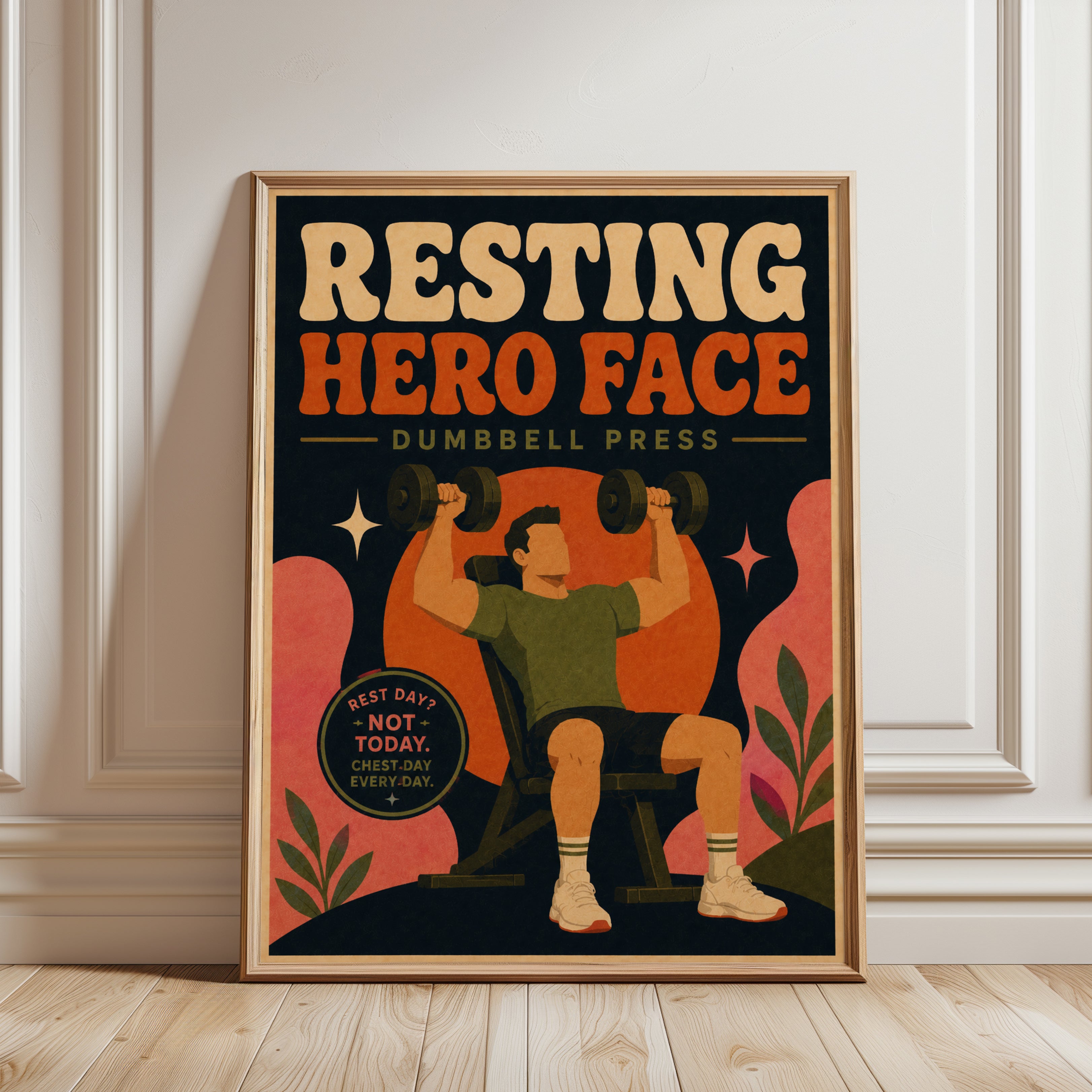 Resting Hero Face Gym Poster: Retro Fitness Motivation Art - framed detail