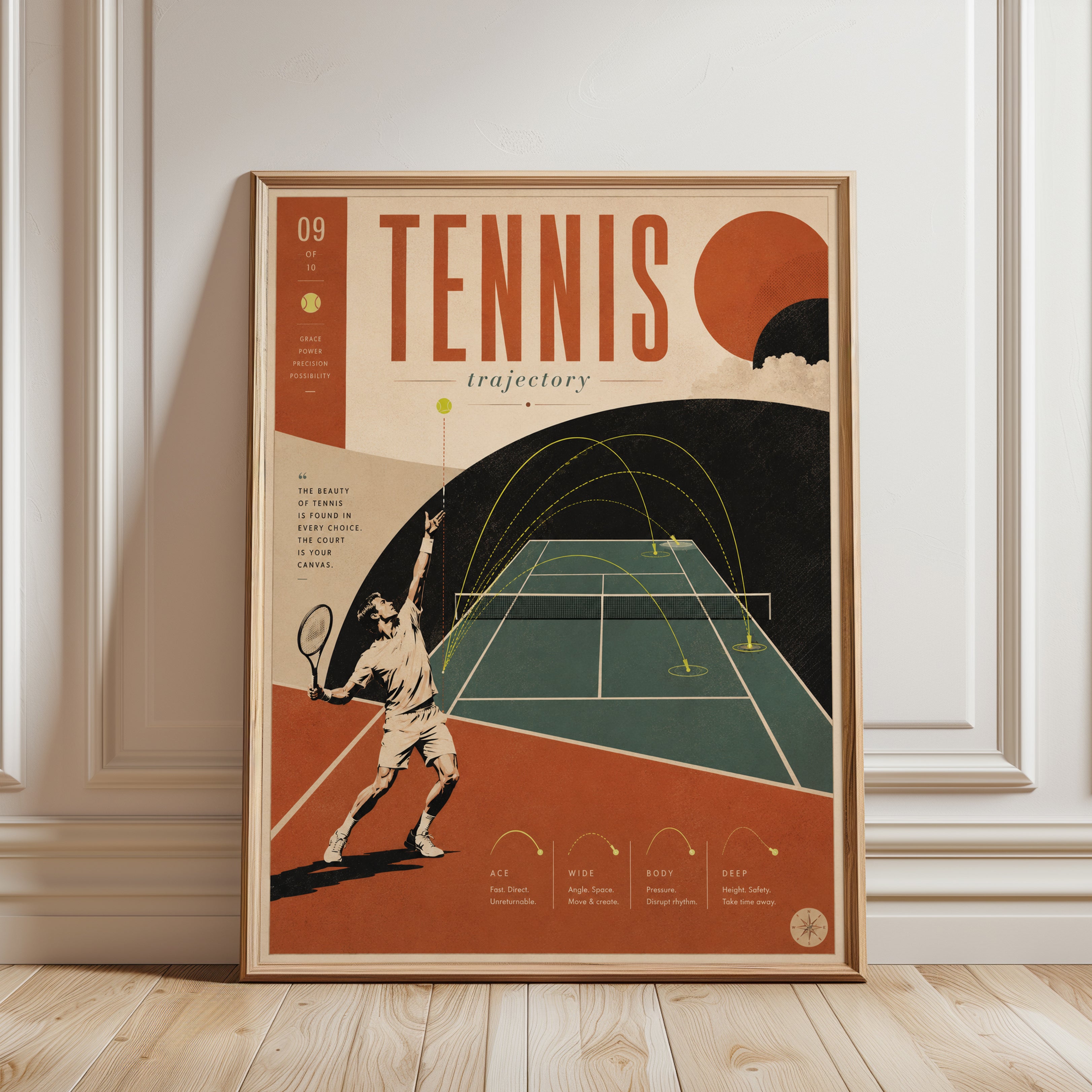 Tennis Poster Print: Retro Game Room Art (Vintage Infographic Design) - framed detail