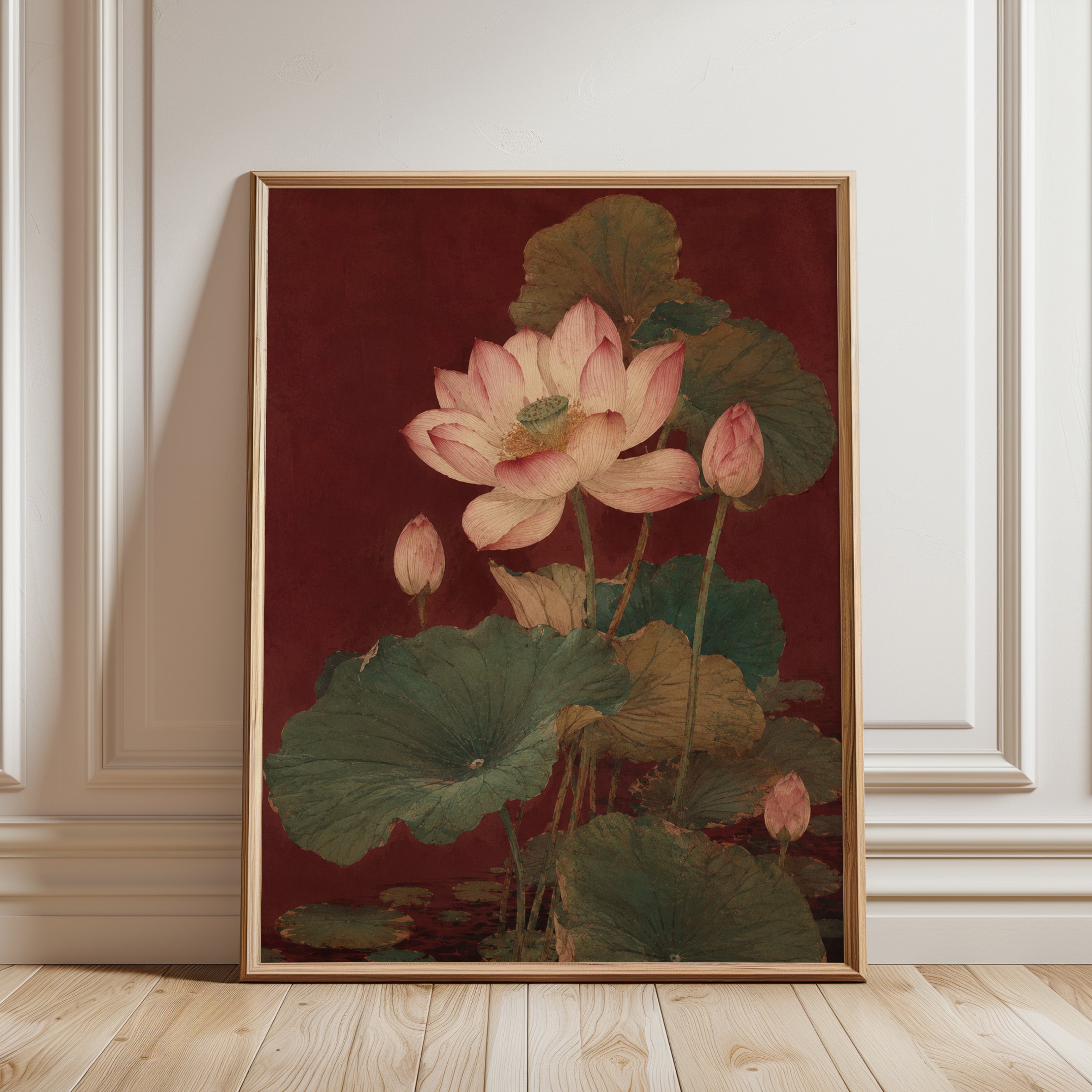 Lotus Flower Botanical Print — Vintage Asian Style - framed detail