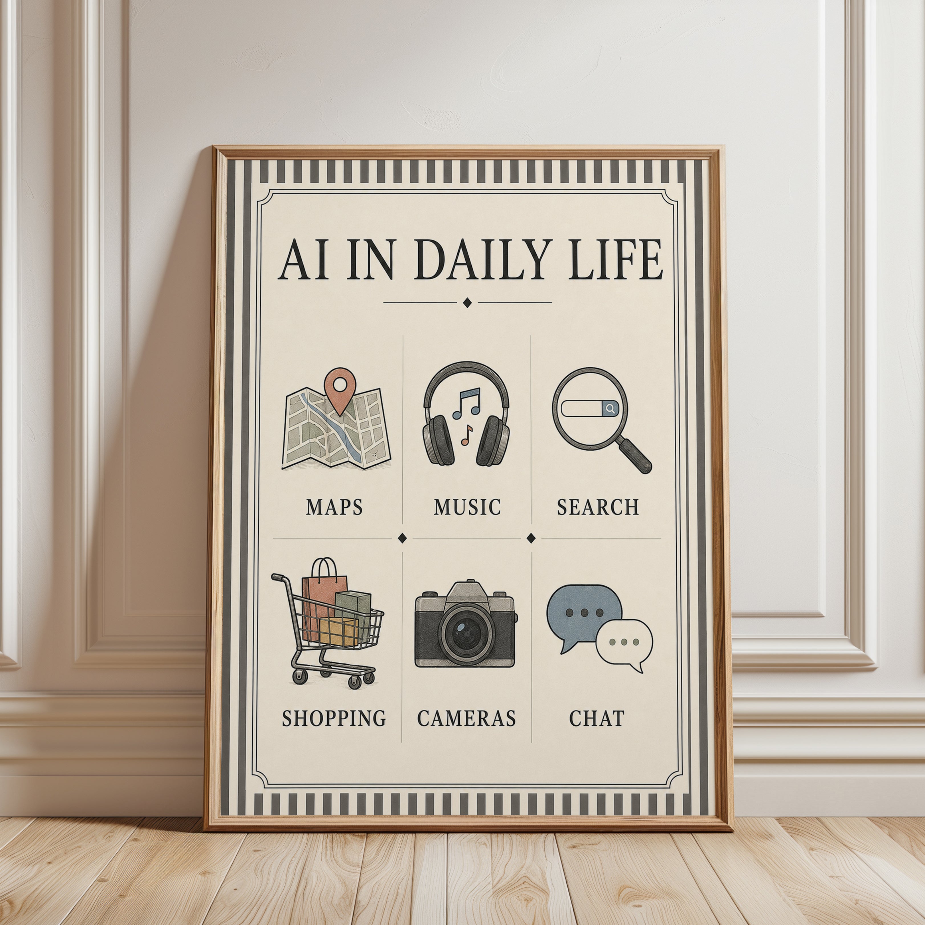AI In Daily Life Poster: Vintage Technology Infographic Print - framed detail