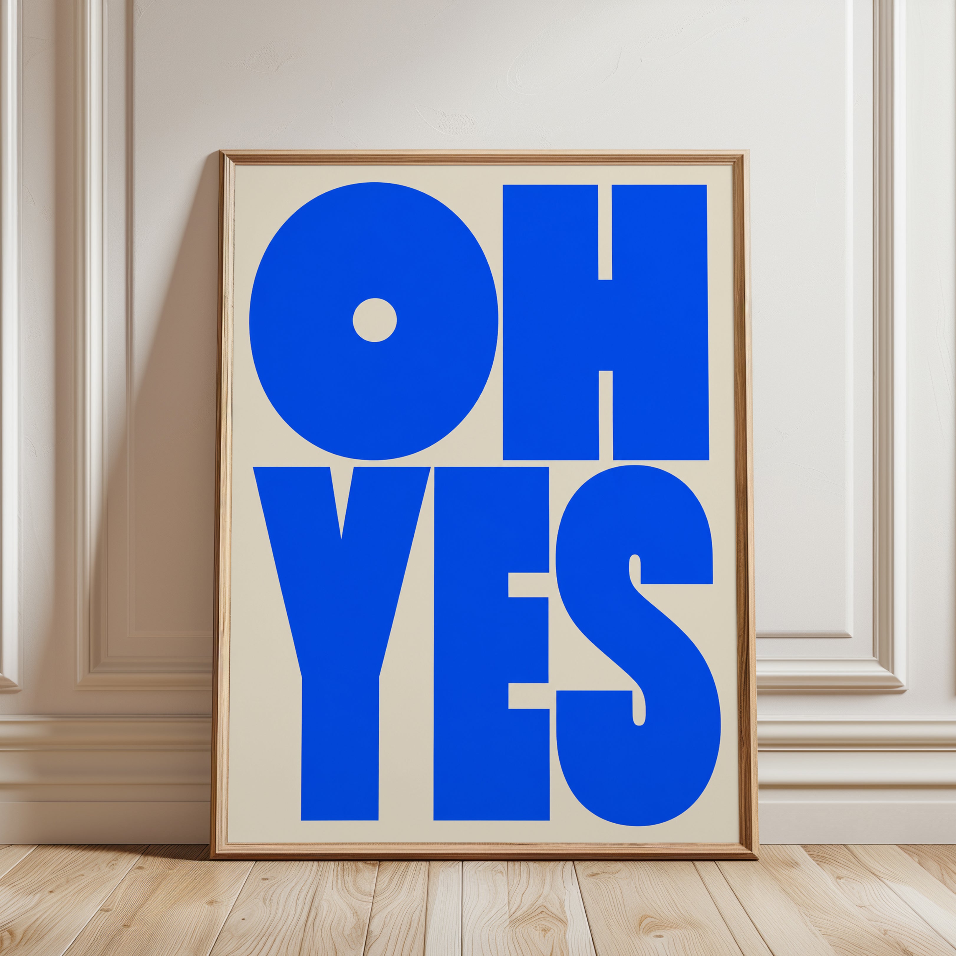 Oh Yes Typography Print — Bold Blue Retro Lettering - framed detail